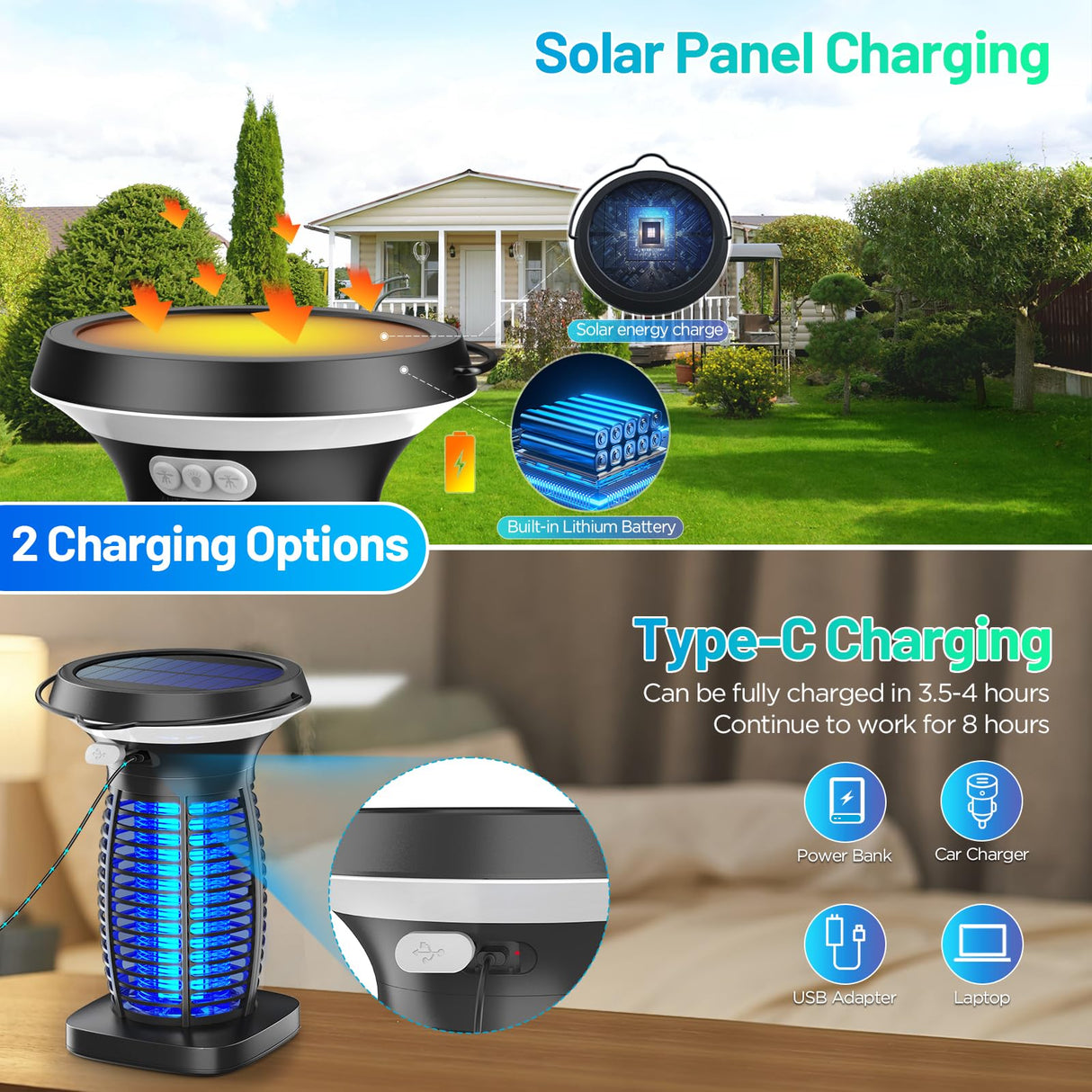 Jinyeda Solar Bug Zapper, 3500V Mosquito Zapper for Outdoor Indoor, USB Rechargeable Night Bug Lights Fly Zapper, IP66 Waterproof Electric Mosquito Killer Lamp for Home, Backyard, Patio, Camping
