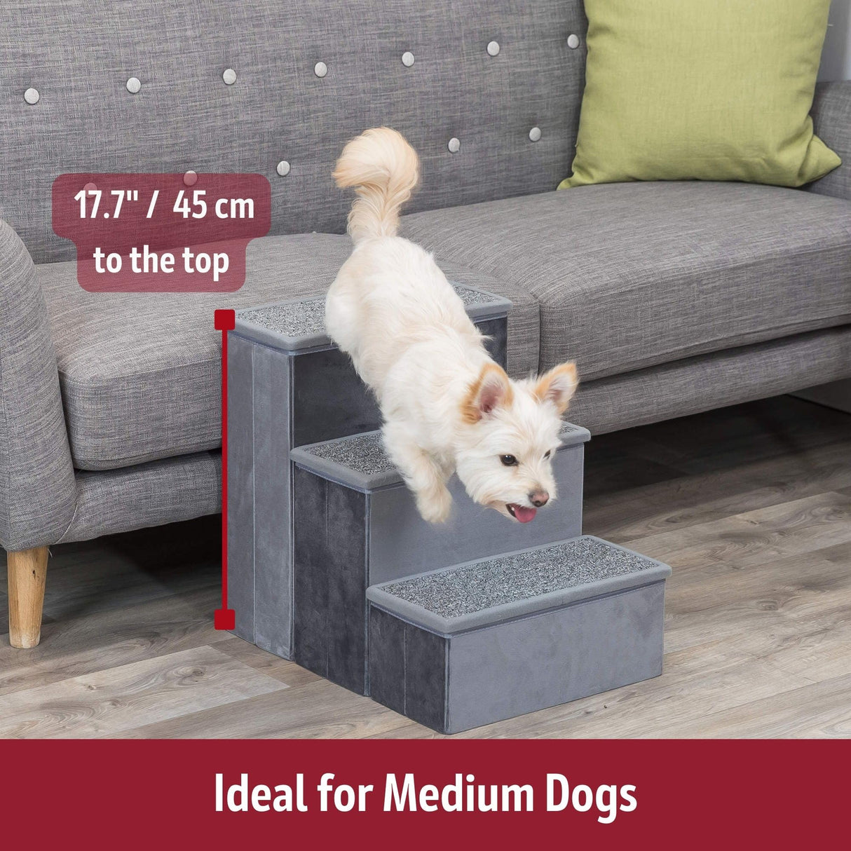 Trixie Velour 3-Step Pet Stairs with Storage, Collapsible, Storage Compartments for Pet Toys,Gray