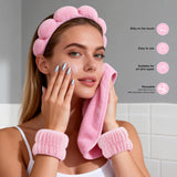 Spa Headband for Washing Face, Skincare Headband Wristband Set for Facial Mask Skin Care, Makeup Remover Towel Cloth Small Spray Bottle with Travel Makeup Bag Gifts for Women - Pink