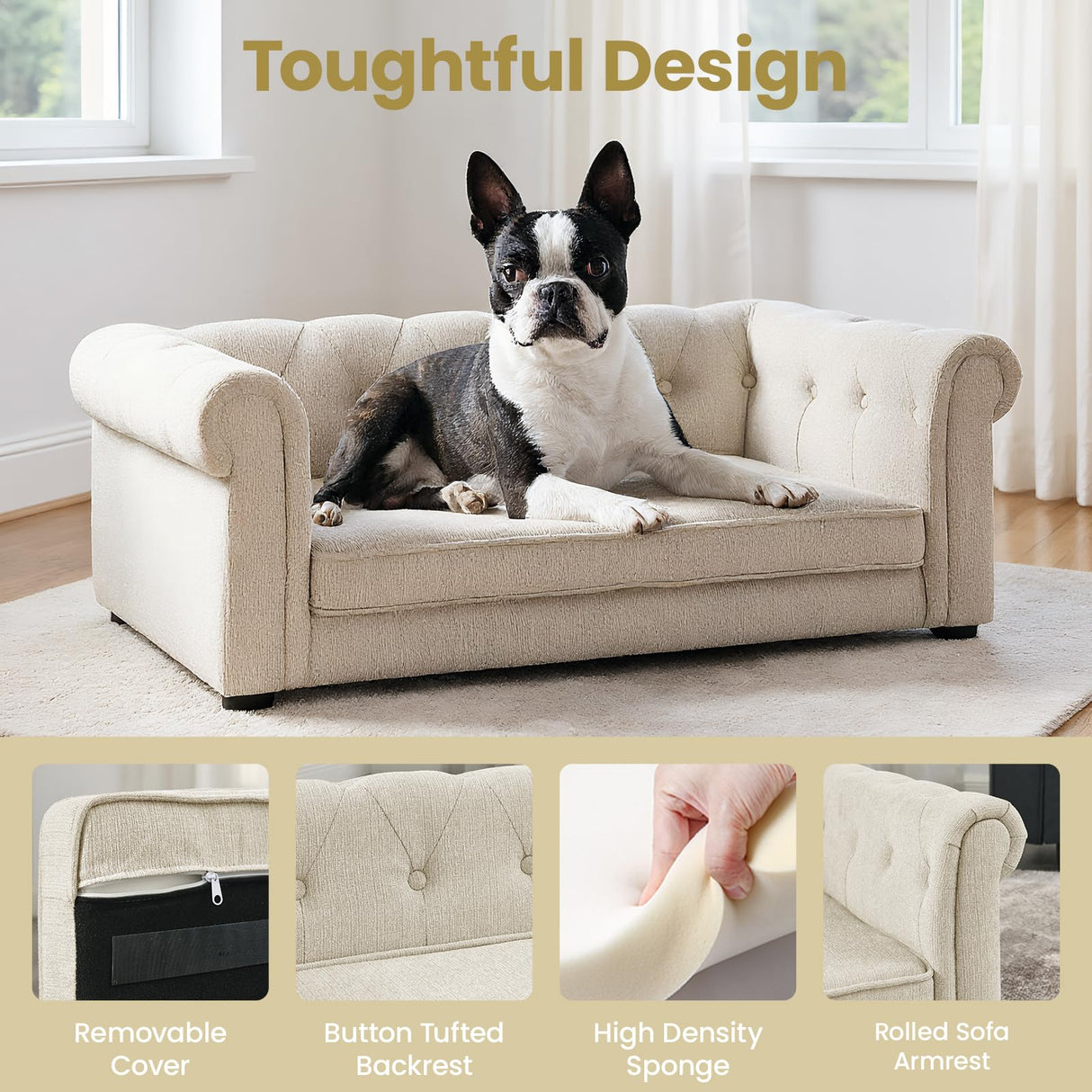KrenzhHome Elevated Dog Sofa with Backrest and Armrests, Button Tufted Dog Couch Bed with Soft Cushion for Medium Dogs, Stylish Lounging Bed Pet Couch Chair, 60Lbs Weight Capacity, Beige