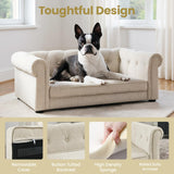 KrenzhHome Elevated Dog Sofa with Backrest and Armrests, Button Tufted Dog Couch Bed with Soft Cushion for Medium Dogs, Stylish Lounging Bed Pet Couch Chair, 60Lbs Weight Capacity, Beige