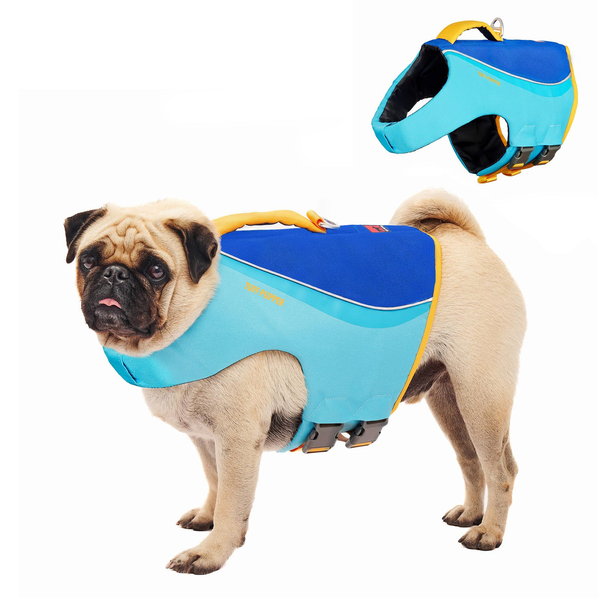 Tuff Pupper Dog Life Jacket | High Buoyancy Dog Swim Vest with Rescue Handle | Adjustable Secure Fit | Reflective Safety Trim | Pet Flotation Jacket for Swimming Boating Kayaking (Blue/Yellow, S)