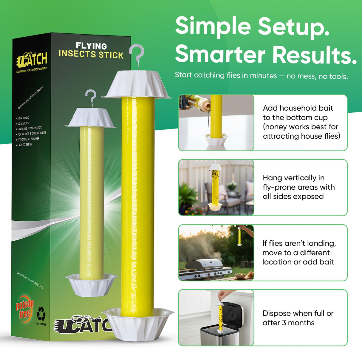Sticky Fly Trap Indoor & Outdoor Pack of 4 | Hanging Fly Stick for Gnats, Flies, Wasps, Mosquitoes & Other Flying Bugs | Fly Trap Sticky | Home Pest Control | Flying Insect Trap Rolls | Ucatch