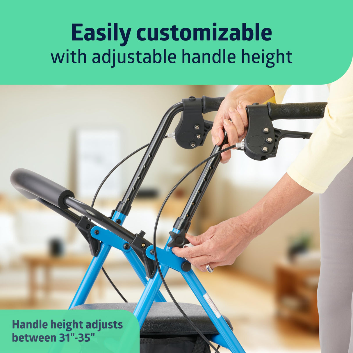 Medline Standard Steel Folding Rollator Adult Walker with 8" Wheels, Supports up to 350 lbs, Light Blue