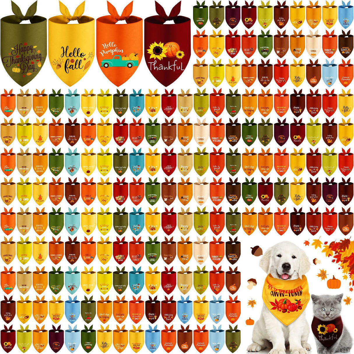 Clysee 100 Pcs Fall Thanksgiving Dog Bandana Bulk with Sayings Pet Triangle Scarf Bibs Washable Puppy Kerchief Adjustable Grooming Supplies for Small Medium Large Dog Cat Costume Accessories