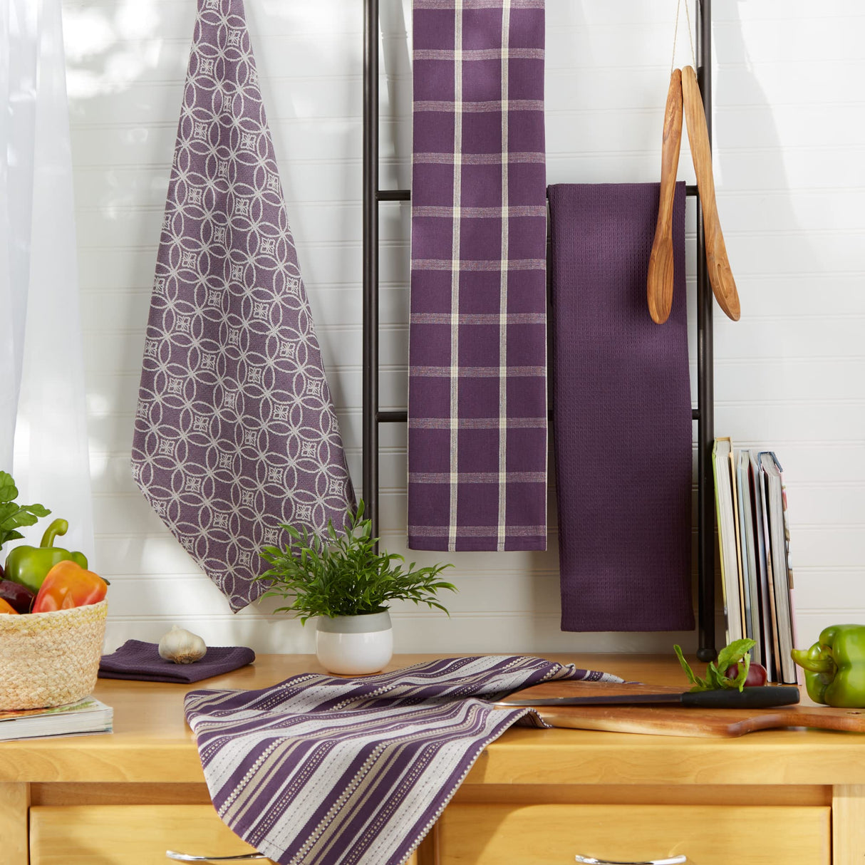Assorted Woven Kitchen Set, Dishtowel, 18x28, Dishcloth, 13x13, Eggplant, 5 Piece