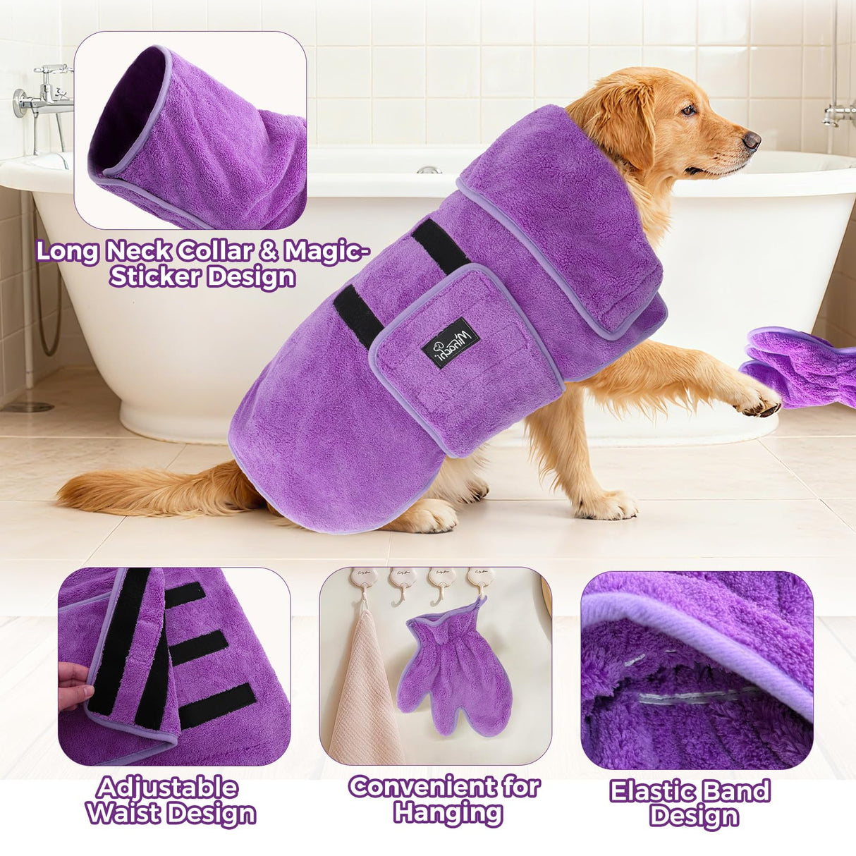 Mihachi Dog Bathrobe Towel Wrap Fast Drying with Drying Gloves Set, Super Absorbent Coral Fleece Dog Drying Coat Bath Robe for Puppy, Medium & Large Dogs, Adjustable Collar & Belly Strap, Purple XL