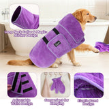 Mihachi Dog Bathrobe Towel Wrap Fast Drying with Drying Gloves Set, Super Absorbent Coral Fleece Dog Drying Coat Bath Robe for Puppy, Medium & Large Dogs, Adjustable Collar & Belly Strap, Purple XL