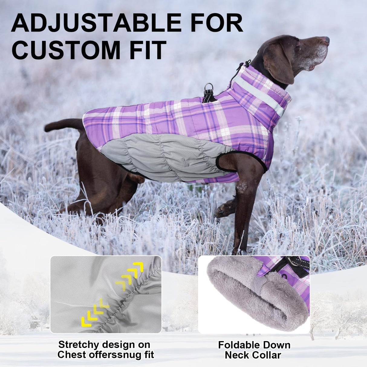 BEAUTYZOO Dog Winter Coat with Harness Built in, Reflective Plaid Puffer Vest Waterproof for X-Large Dogs, Fleece Warm Puppy Zipped Jacket with D Ring, Pet Cold Weather Sweater Clothes, Purple XL