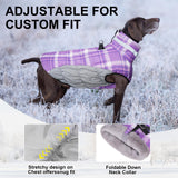 BEAUTYZOO Dog Winter Coat with Harness Built in, Reflective Plaid Puffer Vest Waterproof for X-Large Dogs, Fleece Warm Puppy Zipped Jacket with D Ring, Pet Cold Weather Sweater Clothes, Purple XL