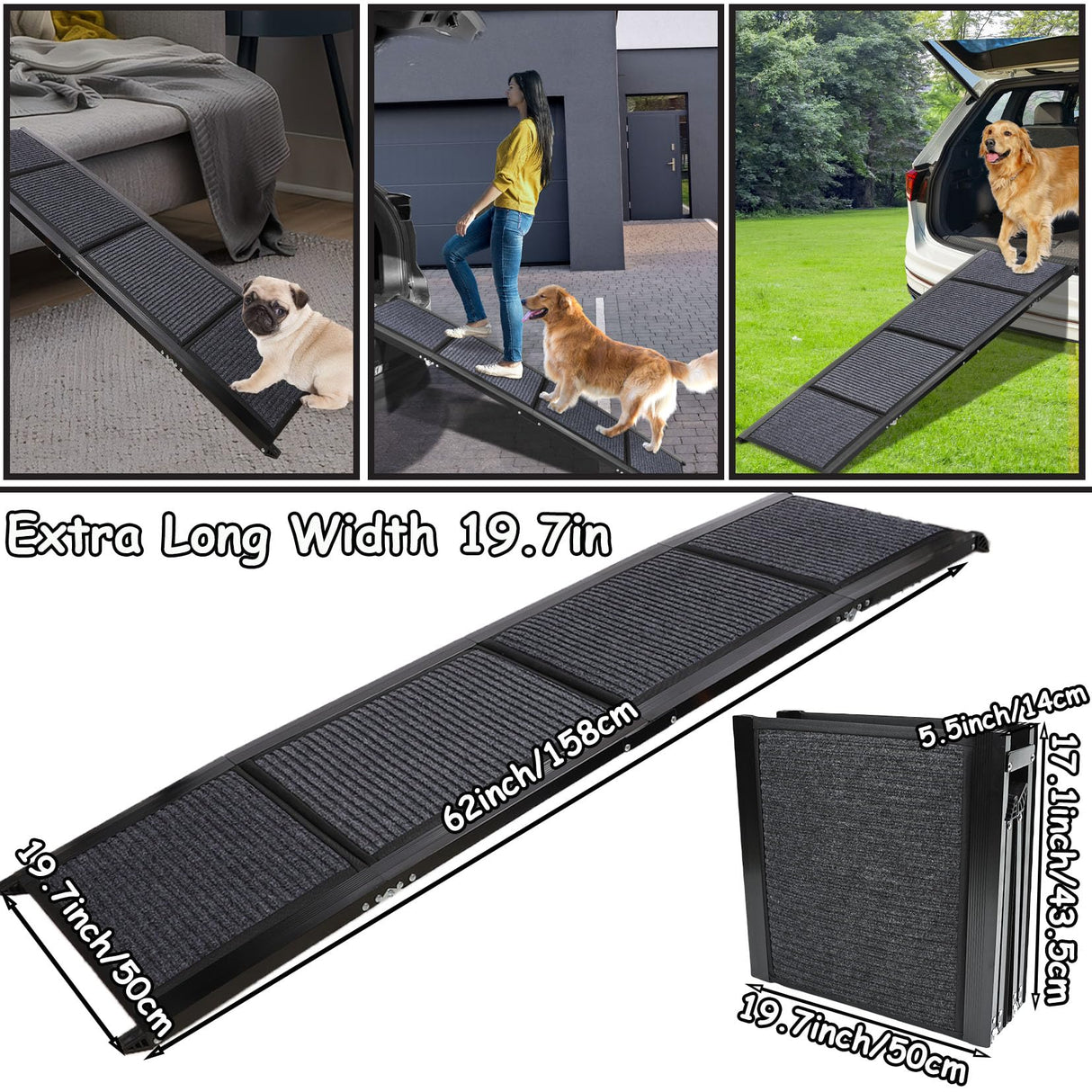 GaliGali Dog Ramp for Car, Portable Folding Pet Stair Ramp with Non-Slip Carpet, 62" Long & 19.7" Wide, Wider Dog Ramp Allow Medium to Large Dog Up to 250 lbs to Enter Car SUV Truck NO.GALILVTI160