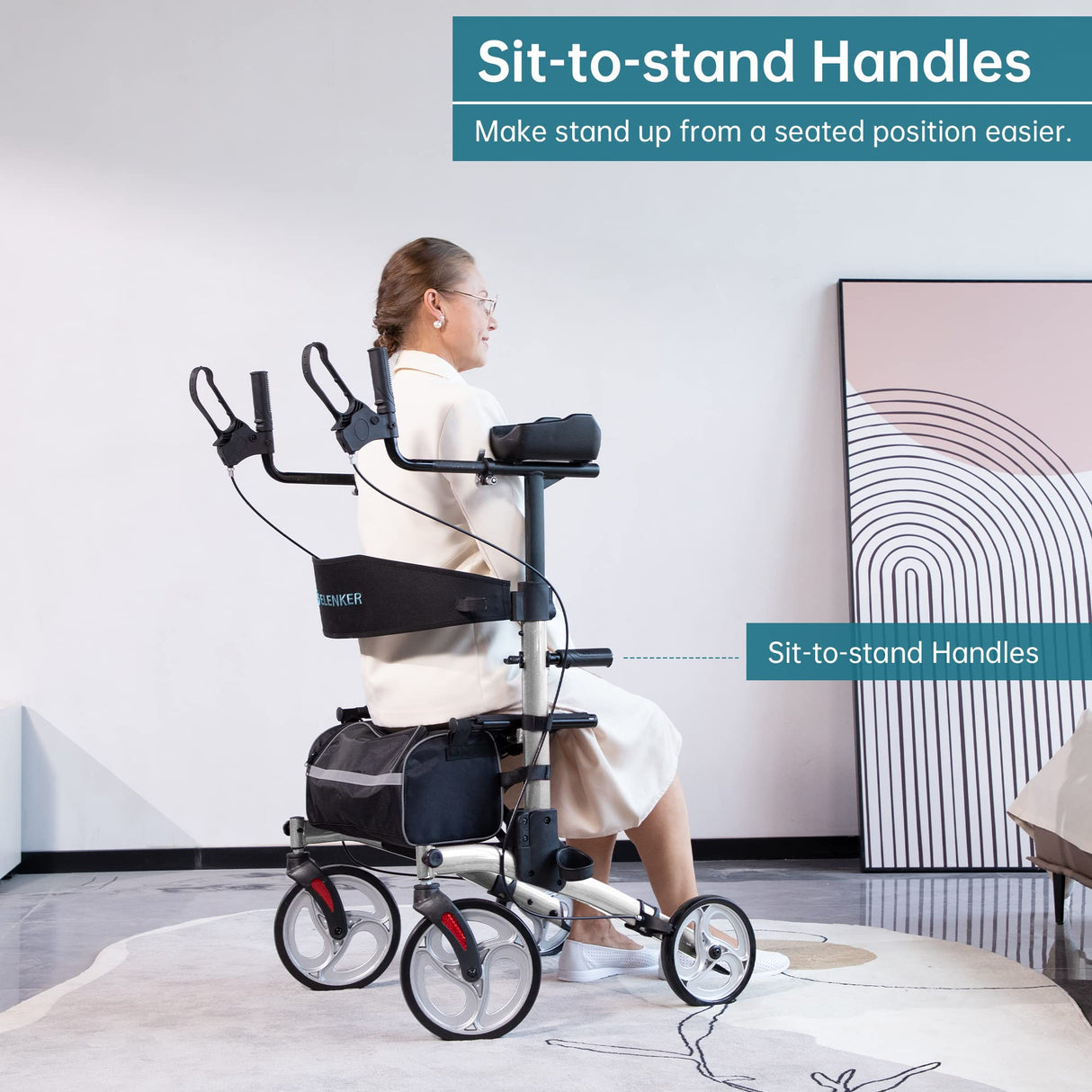 ELENKER Upright Walker, Stand Up Folding Rollator Walker with 10” Front Wheels Backrest Seat and Padded Armrests for Seniors and Adults, Silver