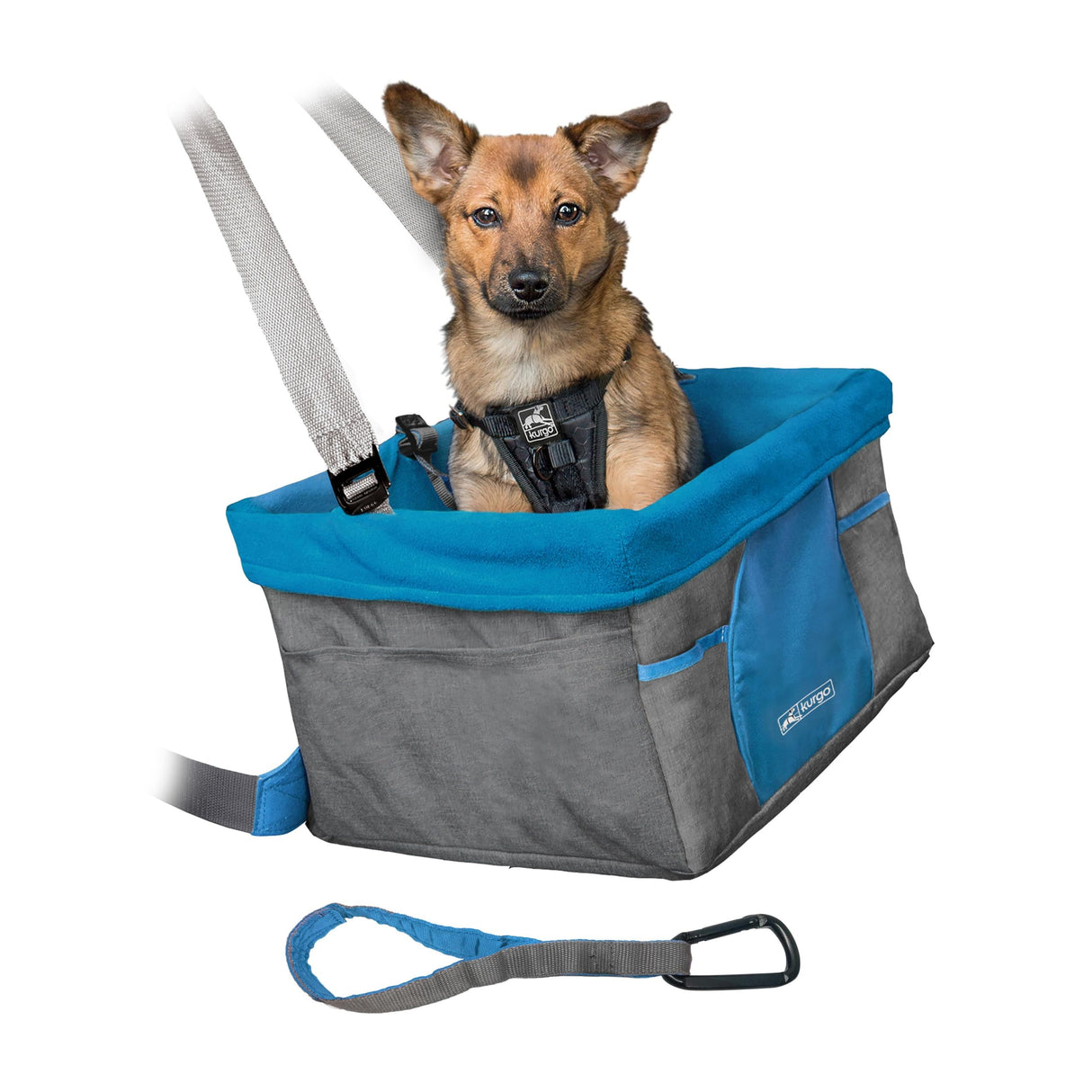 Kurgo Dog Booster Seat - Keeps Dogs Secure & Comfortable - Waterproof Exterior - Removable Washable Liner - Dog Car Seat with Harness Strap - Collapsible - Heather Style - Charcoal/Blue