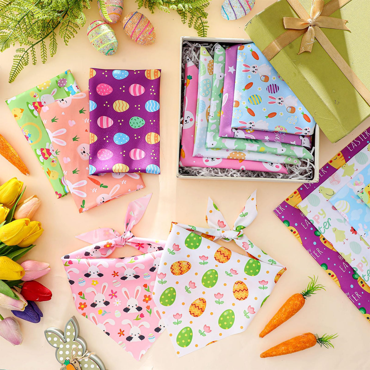 Sanwuta 100 Pcs Easter Dog Bandanas Bulk Bunny Eggs Bandanas for Dogs Triangle Kerchief Bibs Scarf for Pet Easter Costume Photo Props Accessories Pet Shops, 25 Styles(31.5 x 21.7 x 21.7 Inch)