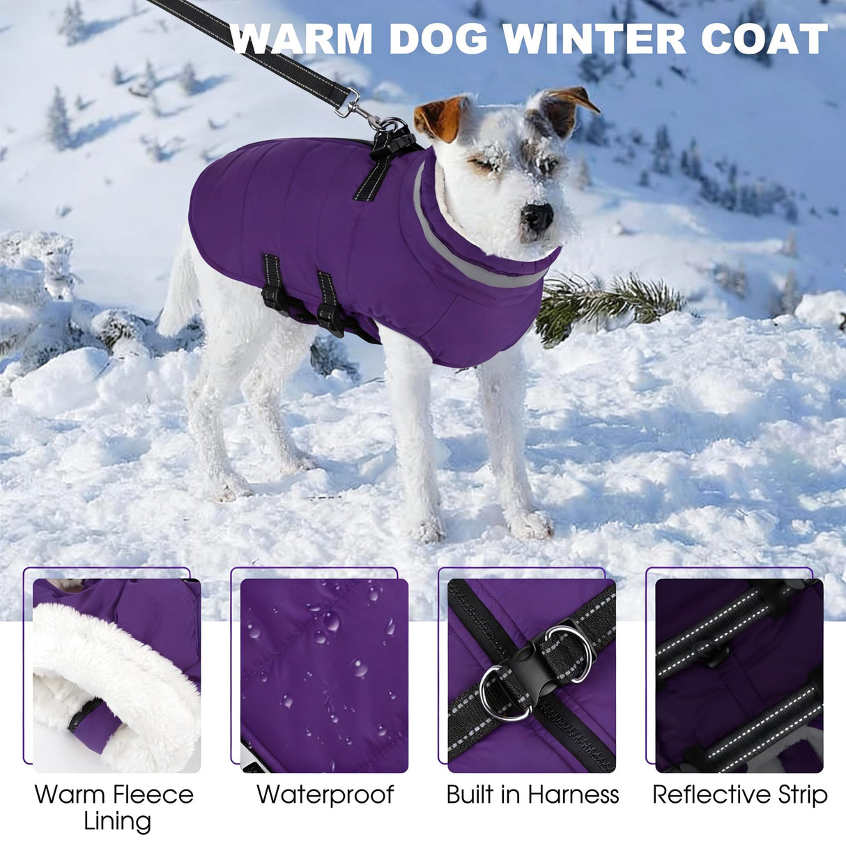 Mklhgty Small Dog Coat with Harness Built-in, Waterproof Reflective Fleece Lined - Warm Windproof Winter Jacket with Back Zipper, Cold Weather Snow Dog Coats - Purple - S