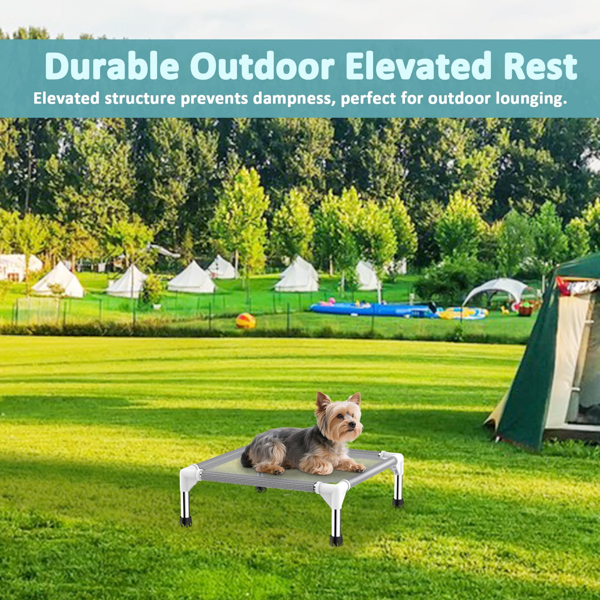 Elevated Dog Bed with Teslin Cooling Fabric - Lightweight Dog Cot for Small Dogs, Waterproof & Washable Breathable Mesh, Raised Pet Bed for Indoor Outdoor Use, Anti-Slip, Easy Clean