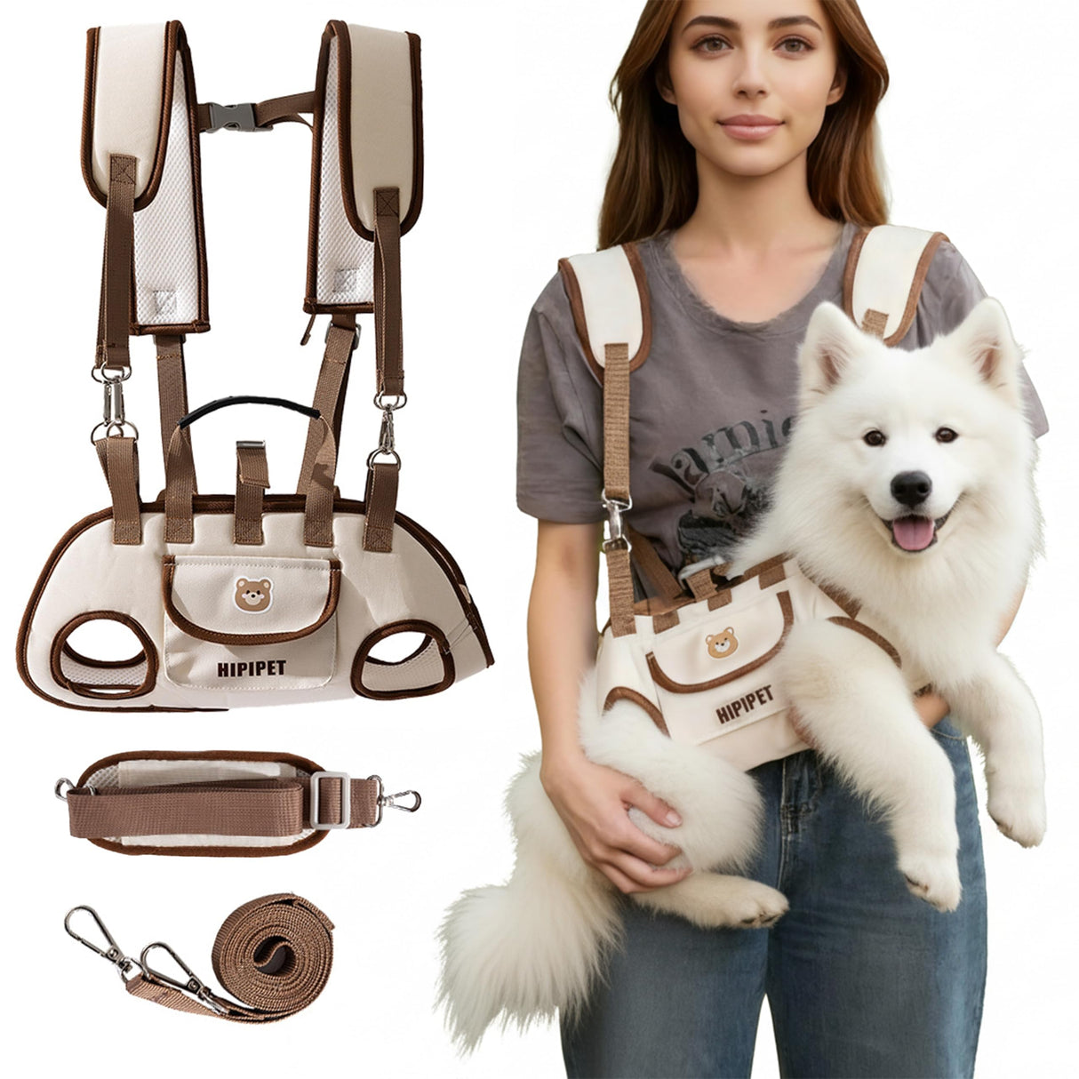 GQIRIL Dog Sling Backpack Carriers - Adjustable Pet Lift Harness Gear, Breathable Dogs Carrying Lifting with Traction Leash Shoulder Straps and Treat Bag for Walking Hiking Travel (XL, 18-23lbs)