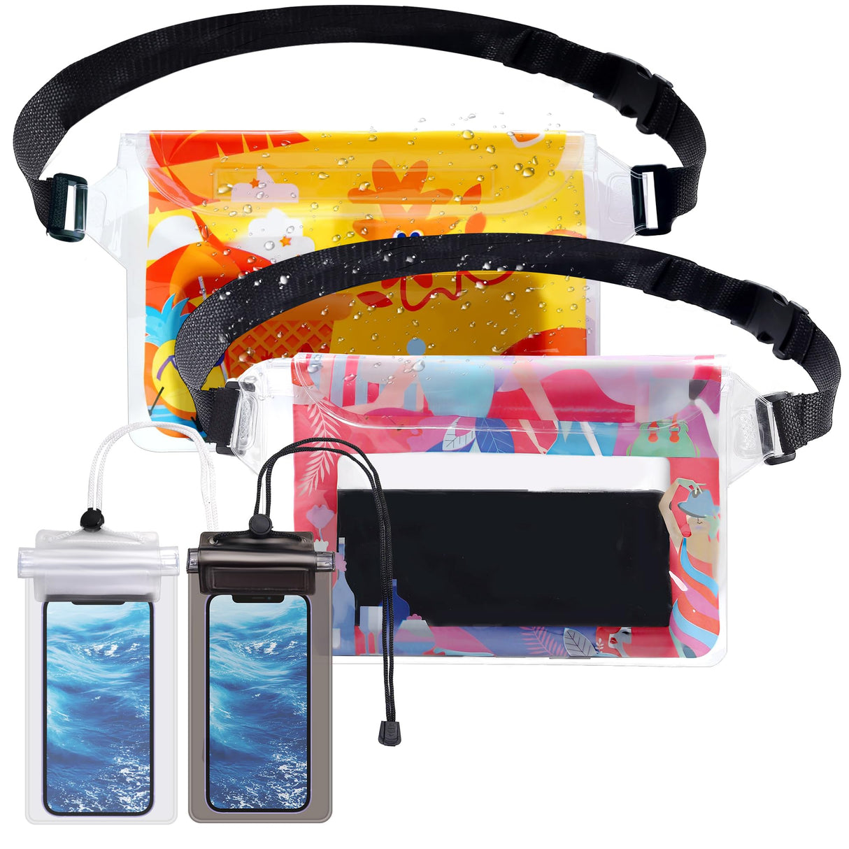 XHDMY 4 Pack Waterproof Fanny Pack with Waist Strap Waterproof Phone Pouch Dry Bag for Kayaking Pool Swimming Boating Beach Fishing Travel Diving Surfing (Hawaii, 2 Fanny Pack + 2 Pouch Bag)
