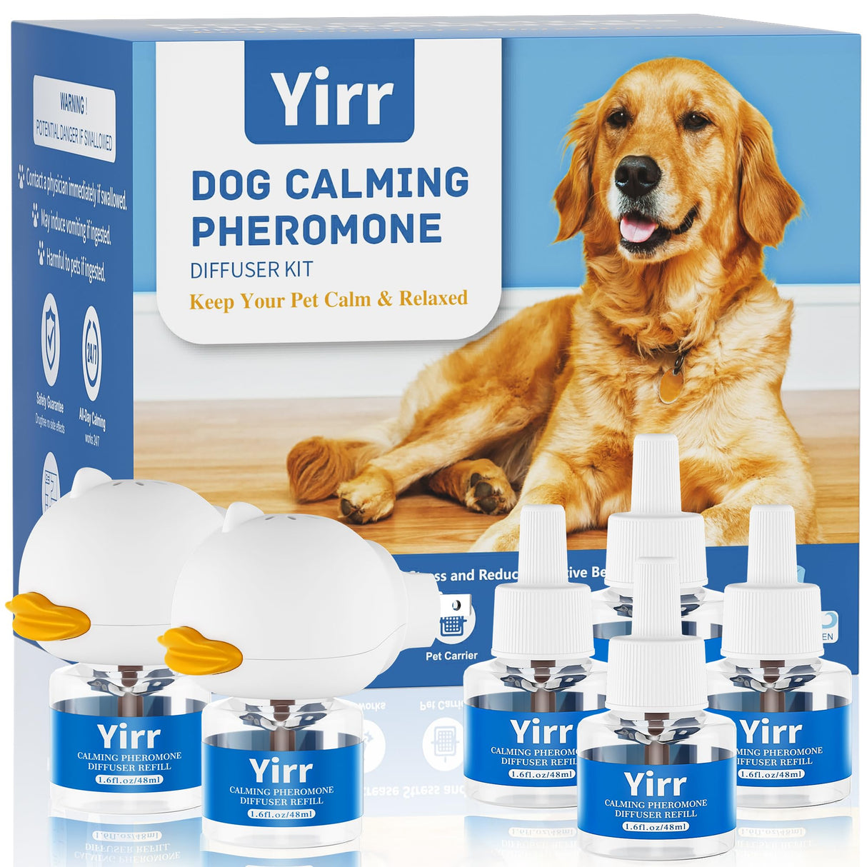 Yirr Dog Calming Diffuser, 8 in 1 Dog Pheromones Calming Diffuser, Relaxing Pheromone for Dogs Relief Stress Anxiety Reduce Aggression Barking, Help Train Dog to Pee, 2 Diffuser 6 Refill(48ml)