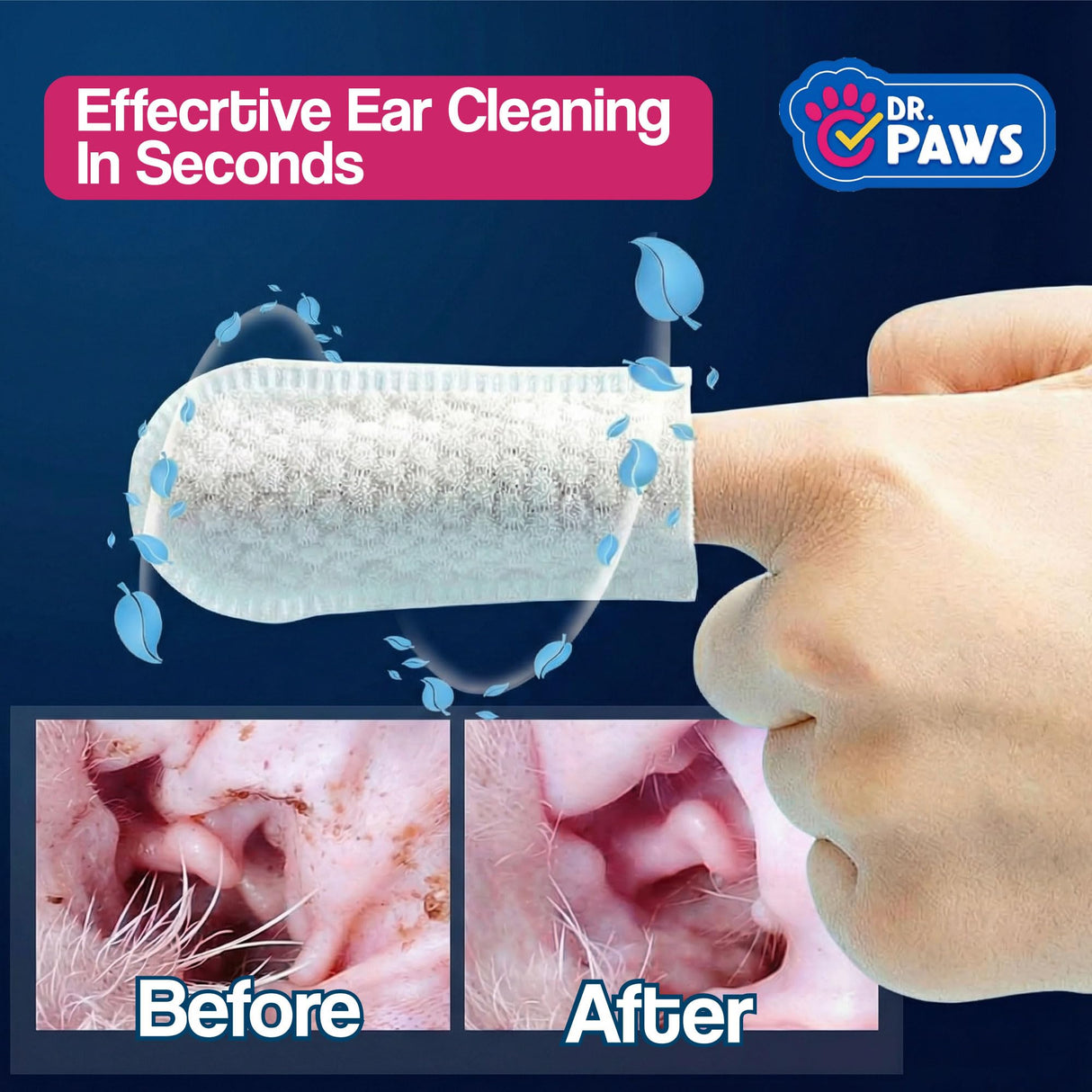 Dr. Paws Dog Ear Cleaner Finger Wipes - Ear Finger Wipe for Dog Ear Infection Treatment, Easy to Use Cat Ear Cleaner, Eliminates Odor, Dog Ear Cleaning Solution, Dog Ear Wipes (Oatmeal)