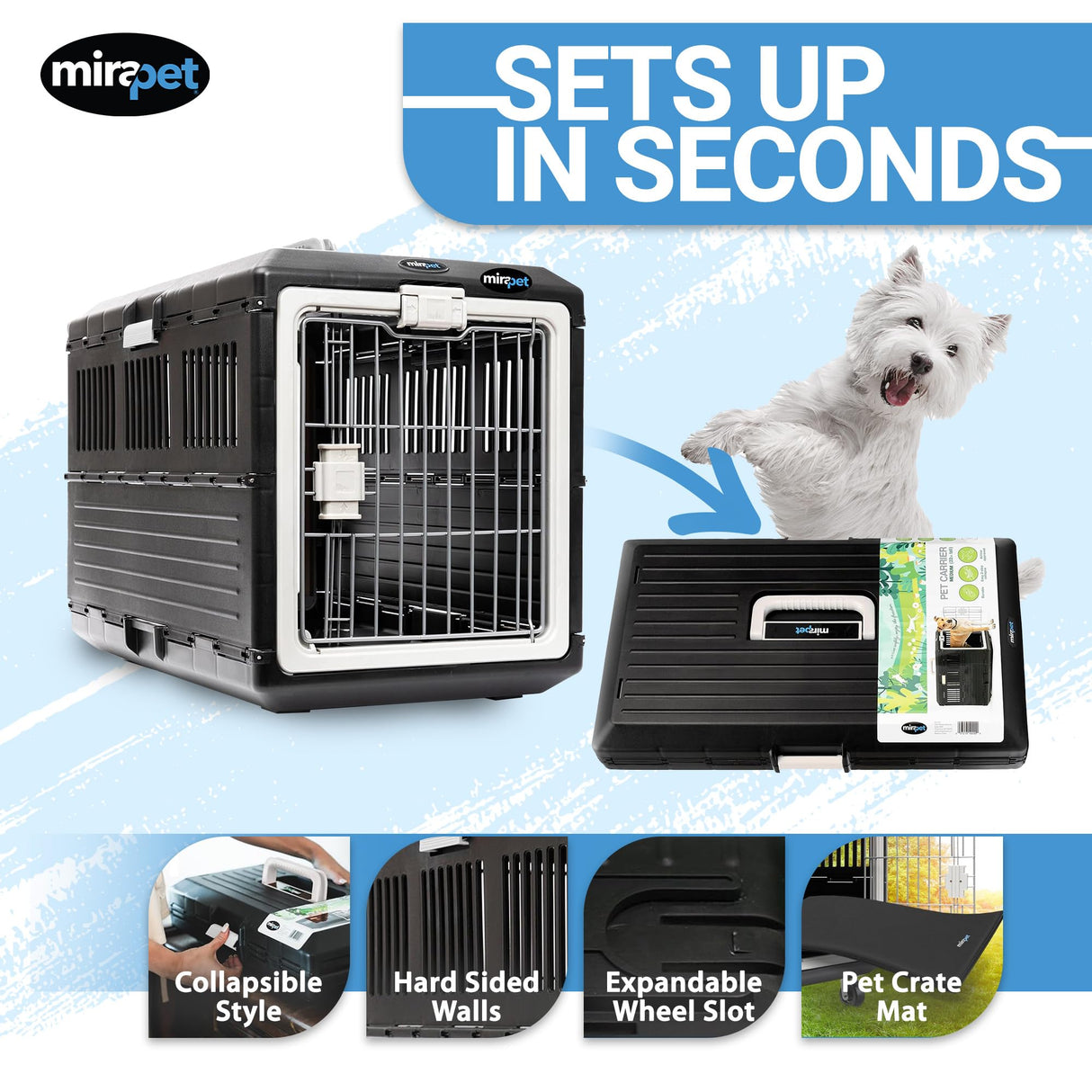 Mirapet Pet Carrier with Pad, 21.5" L x 12" W x 14" H - Collapsible Travel Kit for Small Cats & Dogs, Hard Plastic Wall Kennel for Indoor/Outdoor Use