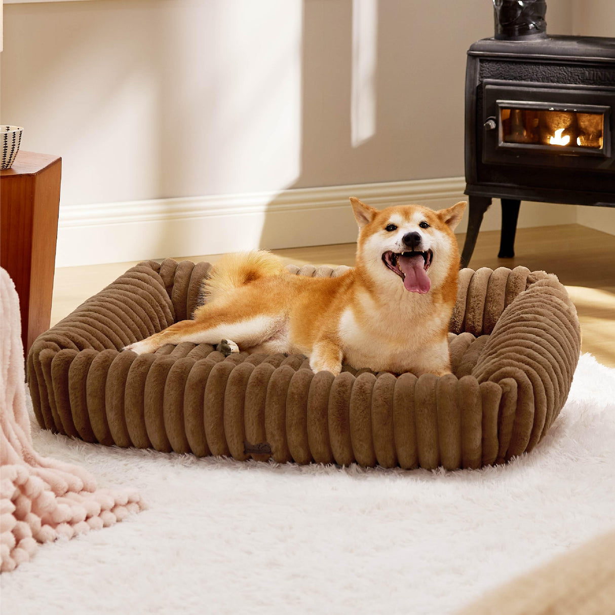 Bedsure ComfyFleece™ Cute Dog Bed for Large Dogs - Washable Furry Puppy Beds, Rectangle Orthopedic Corduroy Fleece Pet Beds with Removable Zipper Cover, 36x27x8inches, Camel Brown