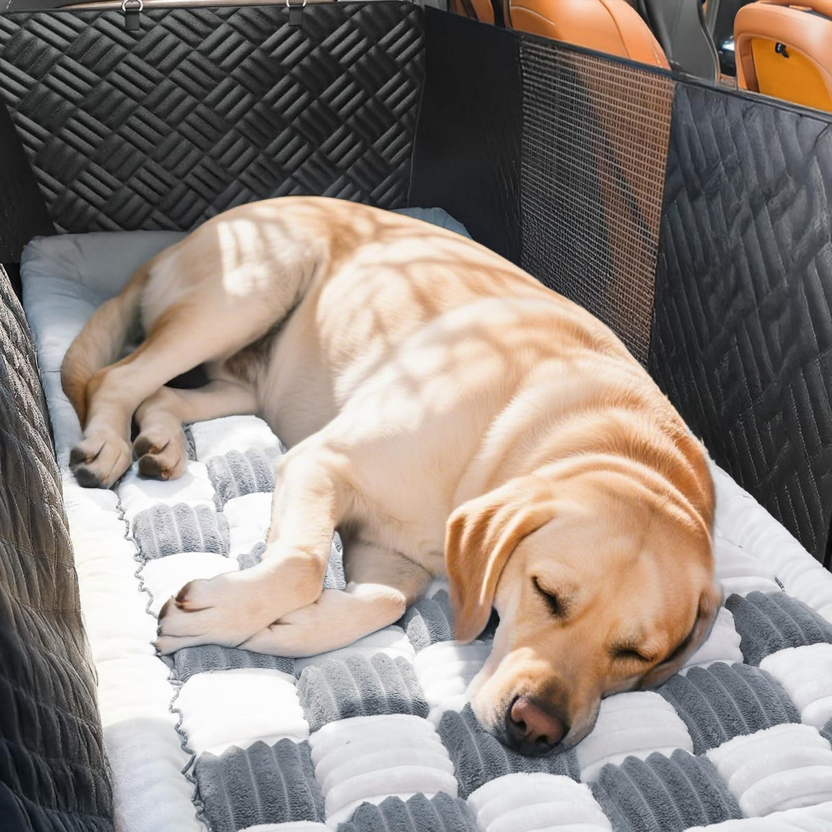 Fulltour Dog Car Seat Cover for Back Seat, Plaid Backseat Pet Bed Mat, Non-Slip Travel Dog Bed for Backseat Extenders, 24.8" x 54", Grey and White