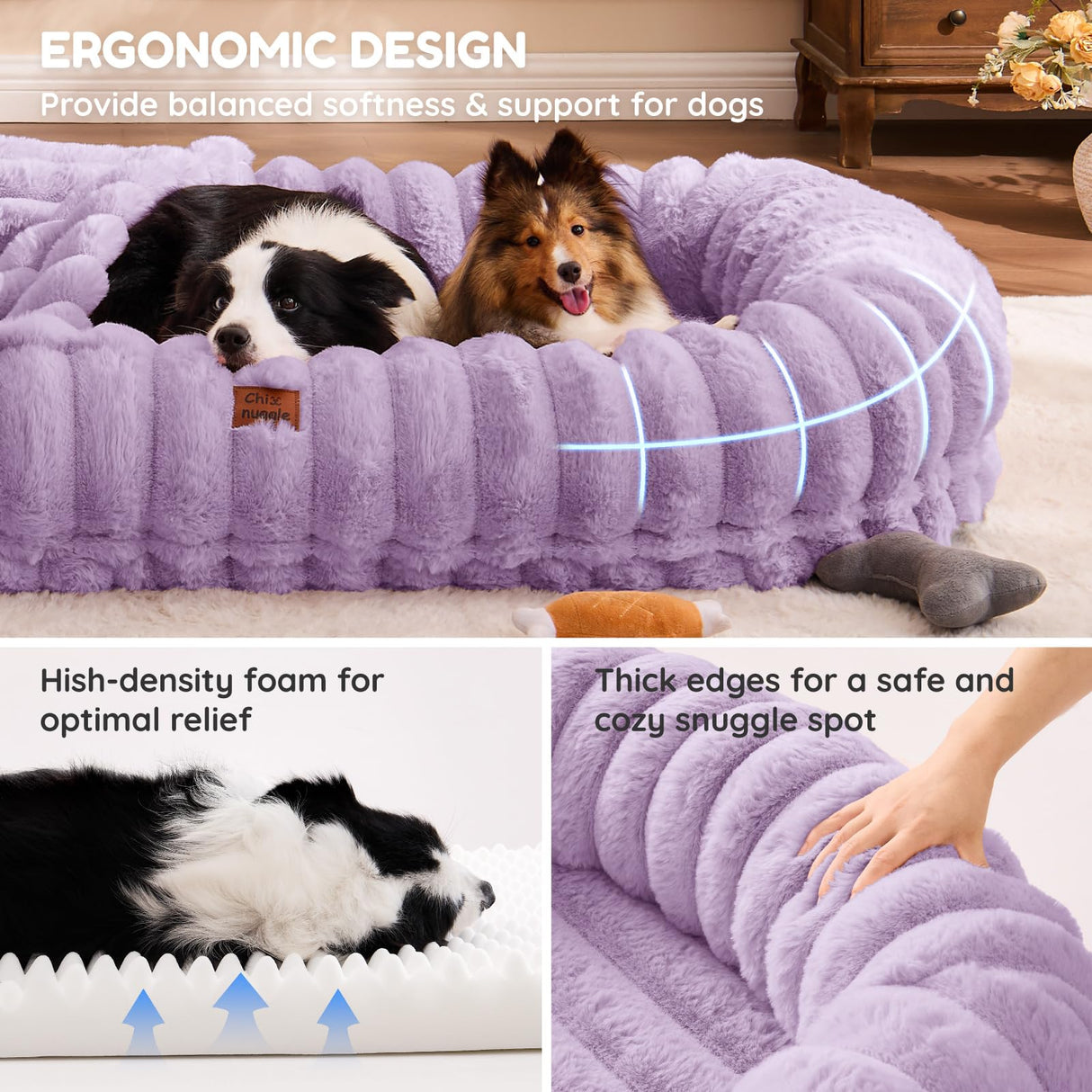 ChiXnuggle Human Dog Bed for Adult - Luxury Striped Faux Fur Giant Dog Bed with Portable Handle, Egg Orthopedic Foam Pad with Thick Blanket, 72"x40"x10", Purple