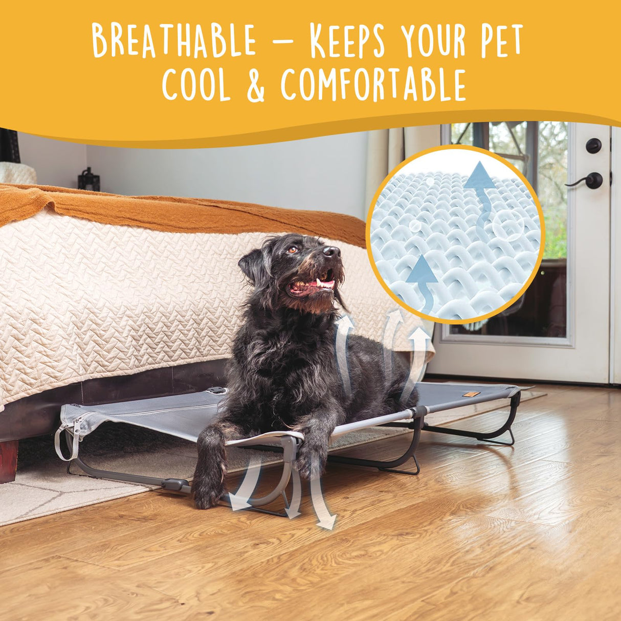 CANINE CANYON Daisy Cot, Large Foldable Elevated Dog Bed, Portable Raised Outdoor Folding Dog Cot, Cooling, Chew Proof, Waterproof, Heavy Duty Up to 160 lbs for Camping/Home, Grey, 43"x 27"x7"