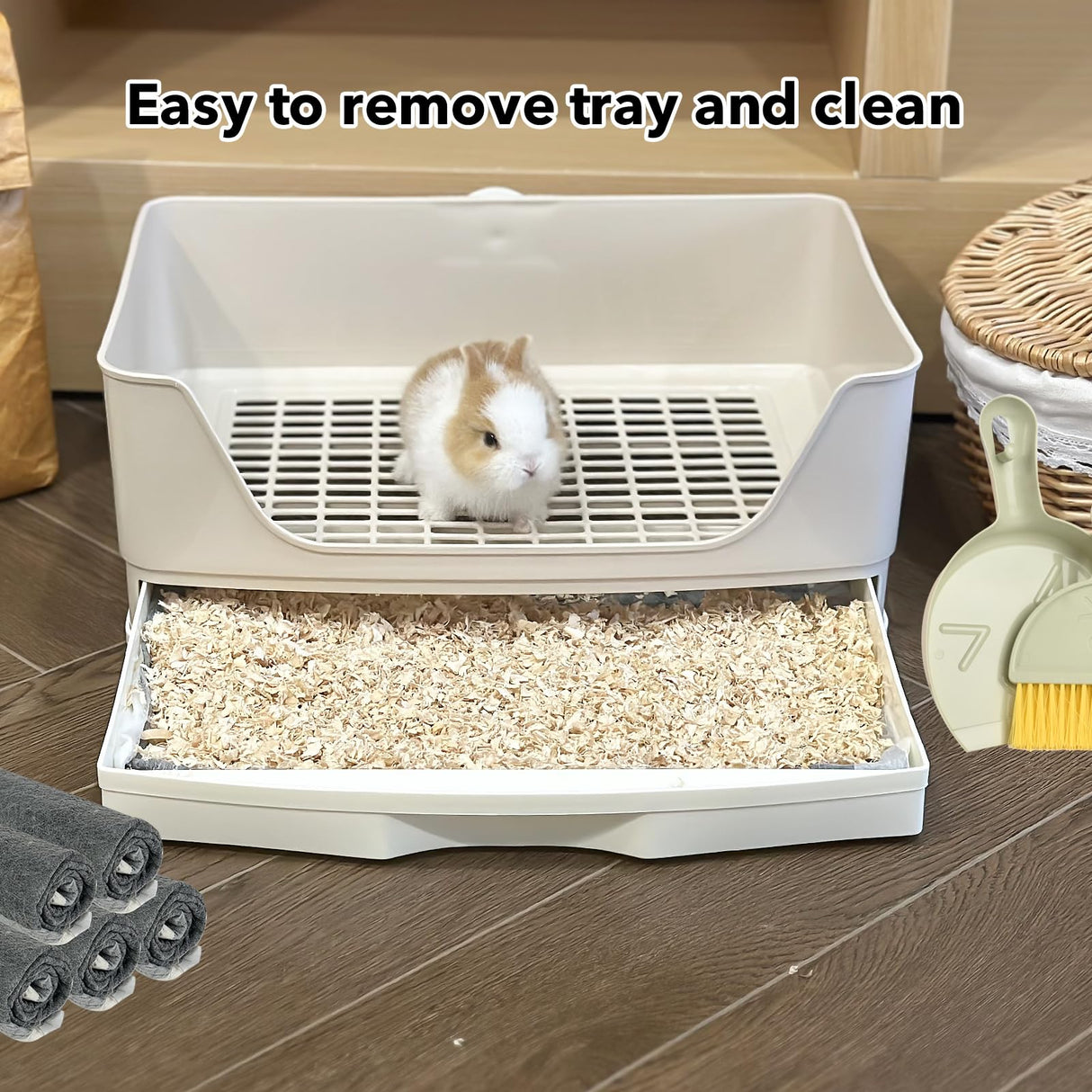RUBYHOME Oversize Rabbit Litter Box with Drawer, Corner Toilet Box with Grate Potty Trainer, Bigger Pet Pan for Adult Guinea Pigs, Chinchilla, Ferret, Galesaur, Small Animals, 16.9 inch Long (White)