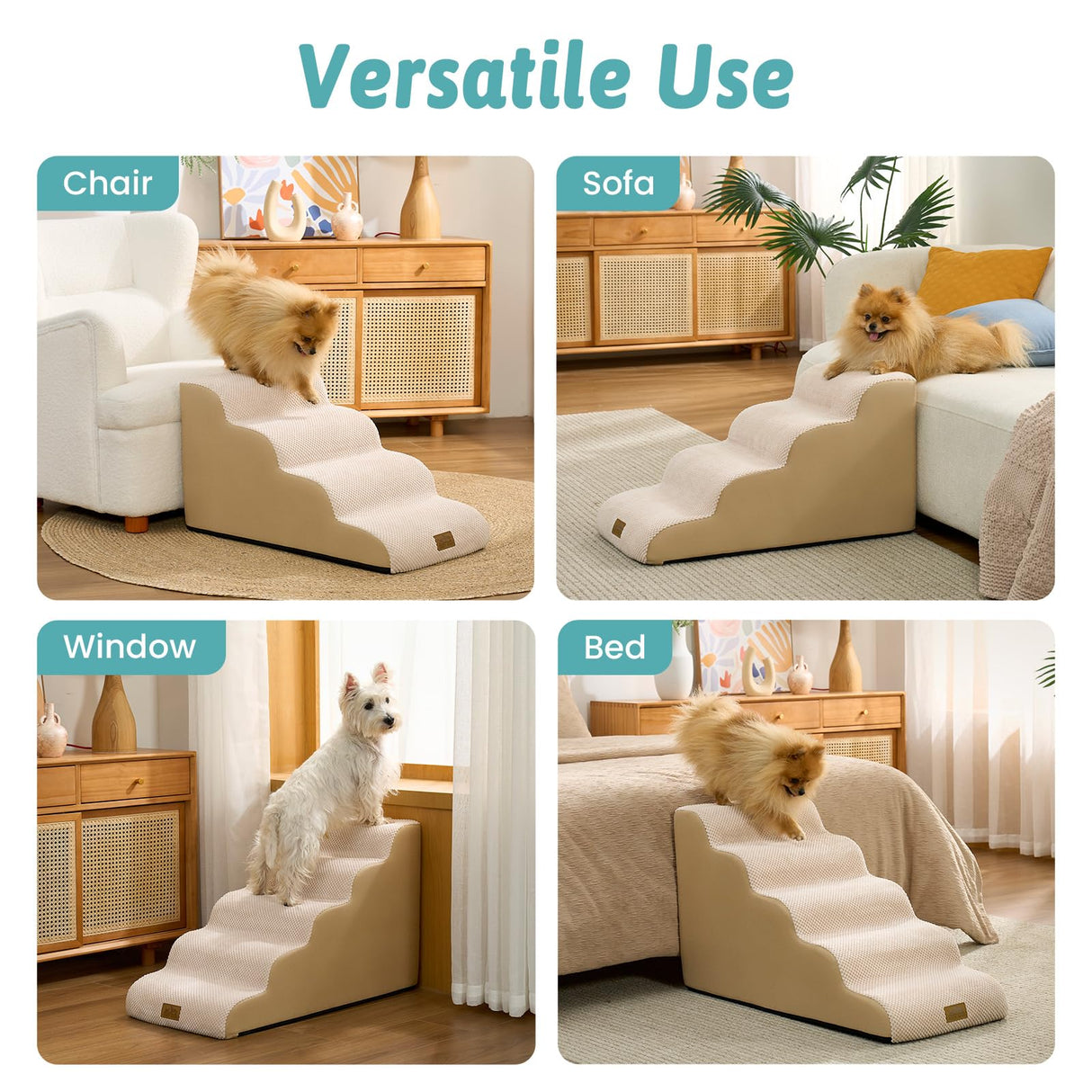 COZY KISS Dog Stairs for Small Dogs 19.7"H, 5-Step Sturdy Foam Dog Steps for Couch, Bed or Sofa, Curved Pet Stairs for Puppy and Older Cat, Doggie Ladder with Washable Cover, 15.7x33x19.7 inch, Beige