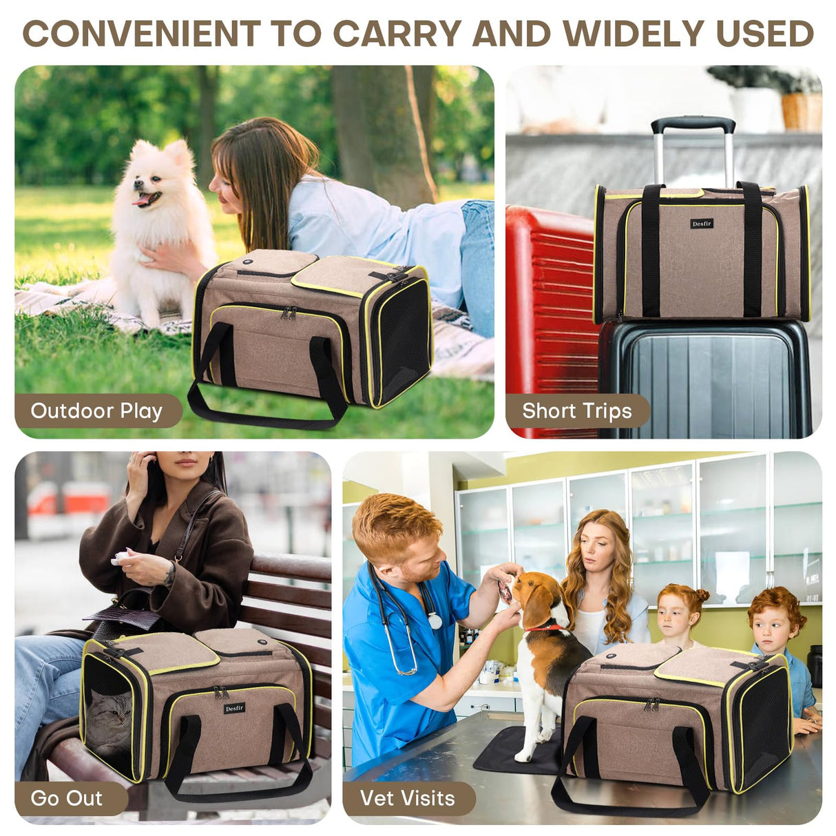 Expandable Cat & Dog Carrier, Large Expandable Collapsible Travel Bag with Safety Zippers, 3 Open Doors, Removable Fleece Pad for Puppies & Small Animals, Airline Approved (Brown)