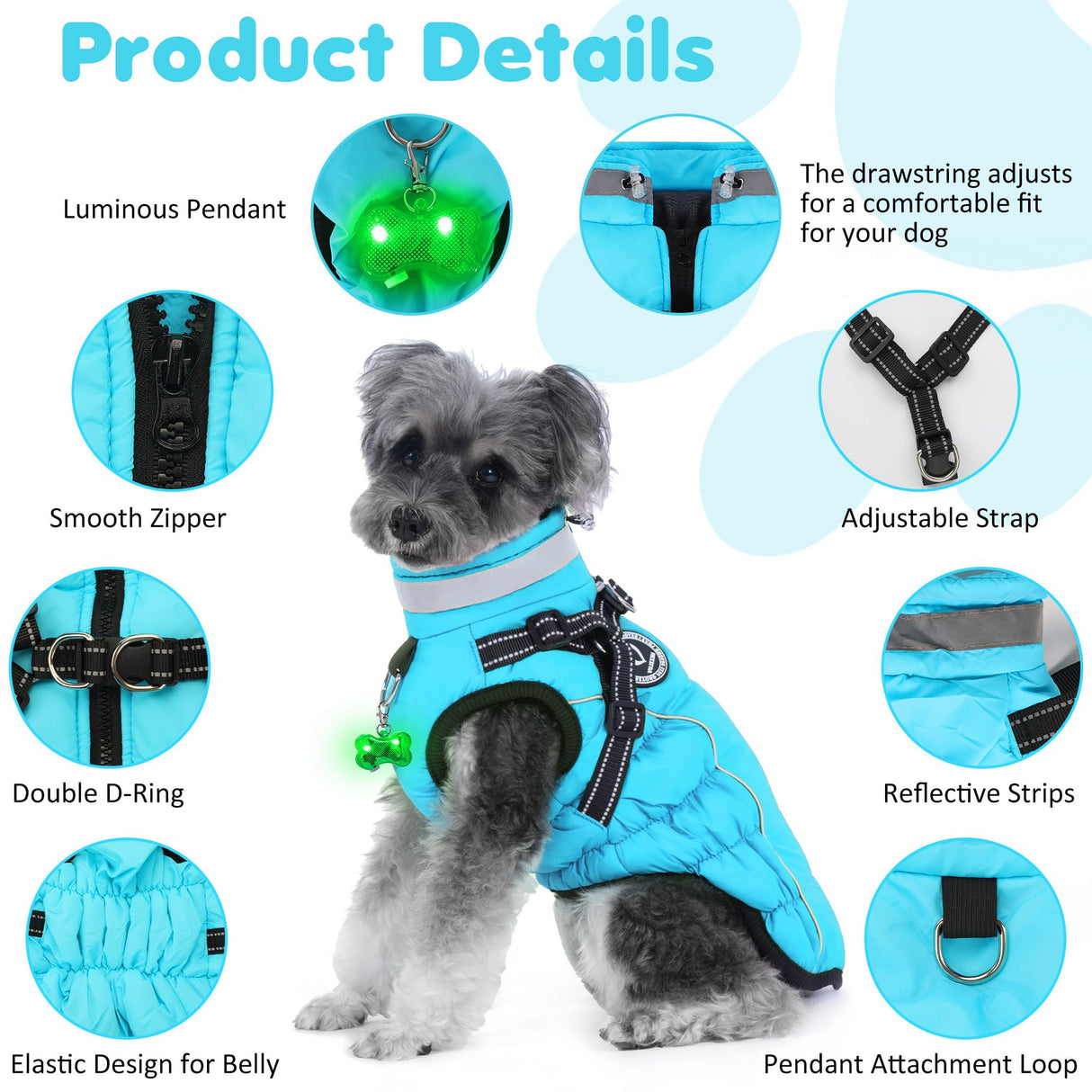 HezzLuv Waterproof Dog Jacket with Built-in Harness, Winter Snow Dog Warm Coat for Small, Medium Dogs, Cold Weather Cozy Vest Clothes with Luminous Pendant and Reflective Strips, Adjustable Straps