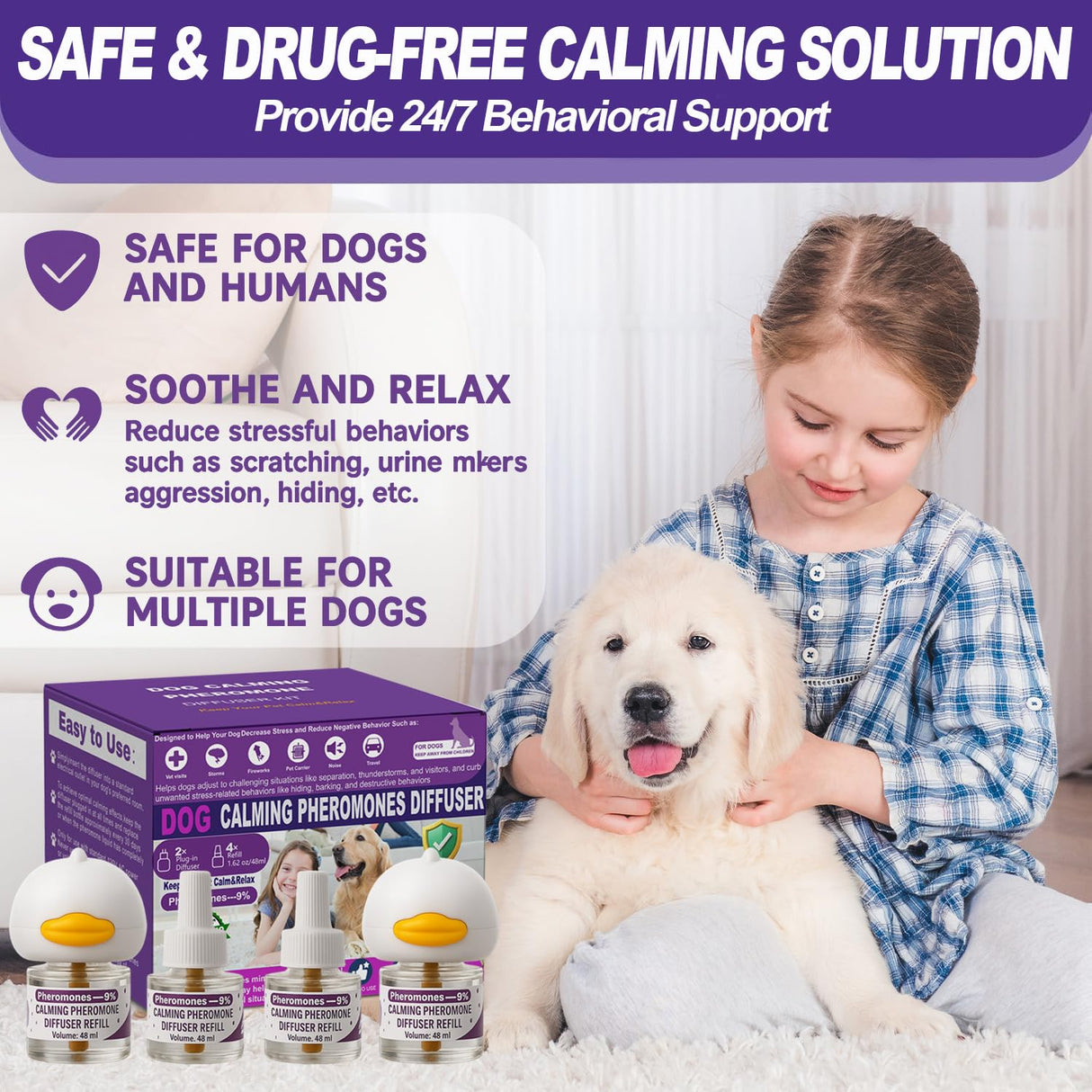 Dog Calming Pheromones Diffuser & 6 in 1 Kit Appeasing Dog Pheromone Diffuser to Calm (2 Plug in+4 x48ml Refill) Dog Calming Diffuser Anxiety Reduce Aggression Fighting Barking Stress 120 Day Supply