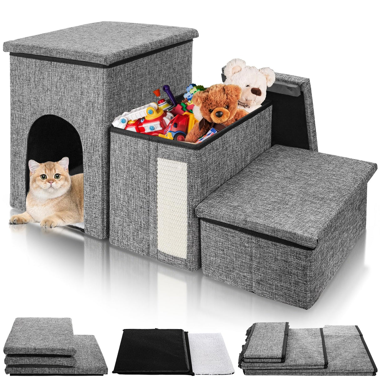 YIMITEE Dog Stairs for Small Dogs, 3 Tiers Dog Step with Storage, Foldable Older Cat Ramp with Condo Cat Scratcher, Portable Pet Ladder for High Bed Couch Chair Car, Up to 165 Lbs, 17 Inch
