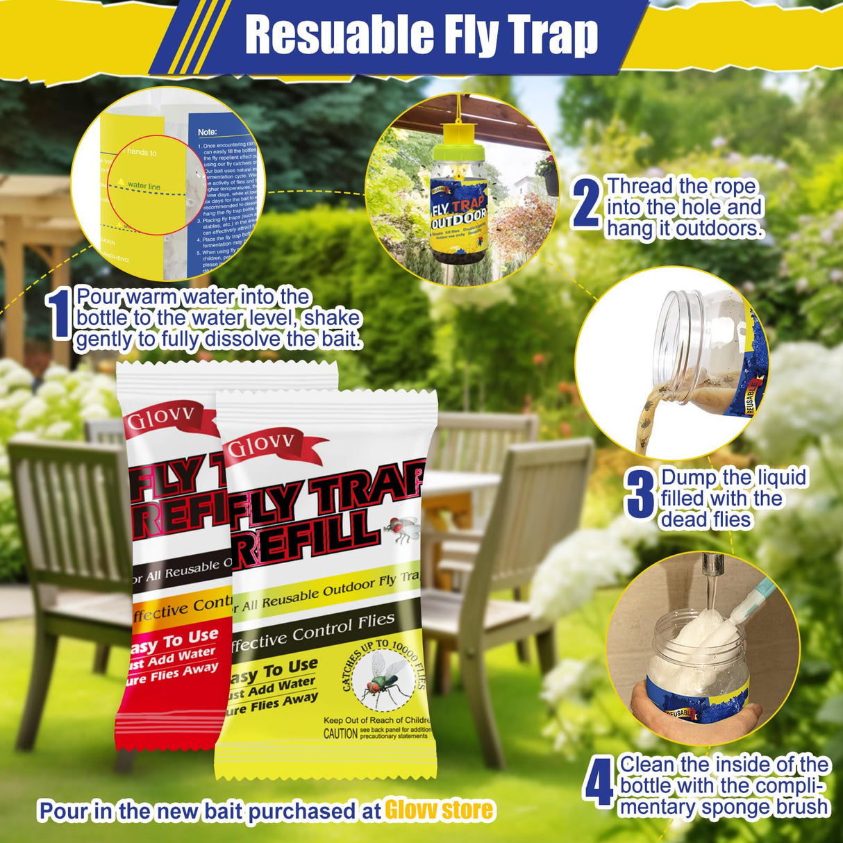 4 Reusable Fly Traps Outdoor Hanging with Bait Refill, Gnat Trap Killer Jar for House, Bug & Insect, Fruit Fly Repellent Patio, Fly Catcher for Stable