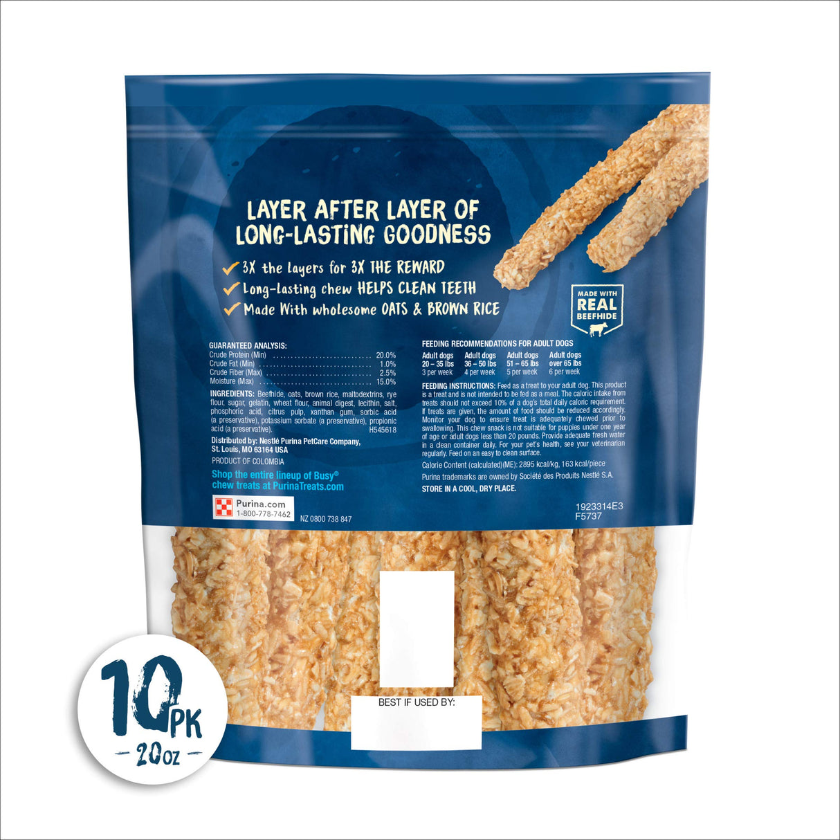 Purina Busy Rawhide Small/Medium Breed Dog Bones, Chewnola with Oats & Brown Rice - 10 ct. Pouch
