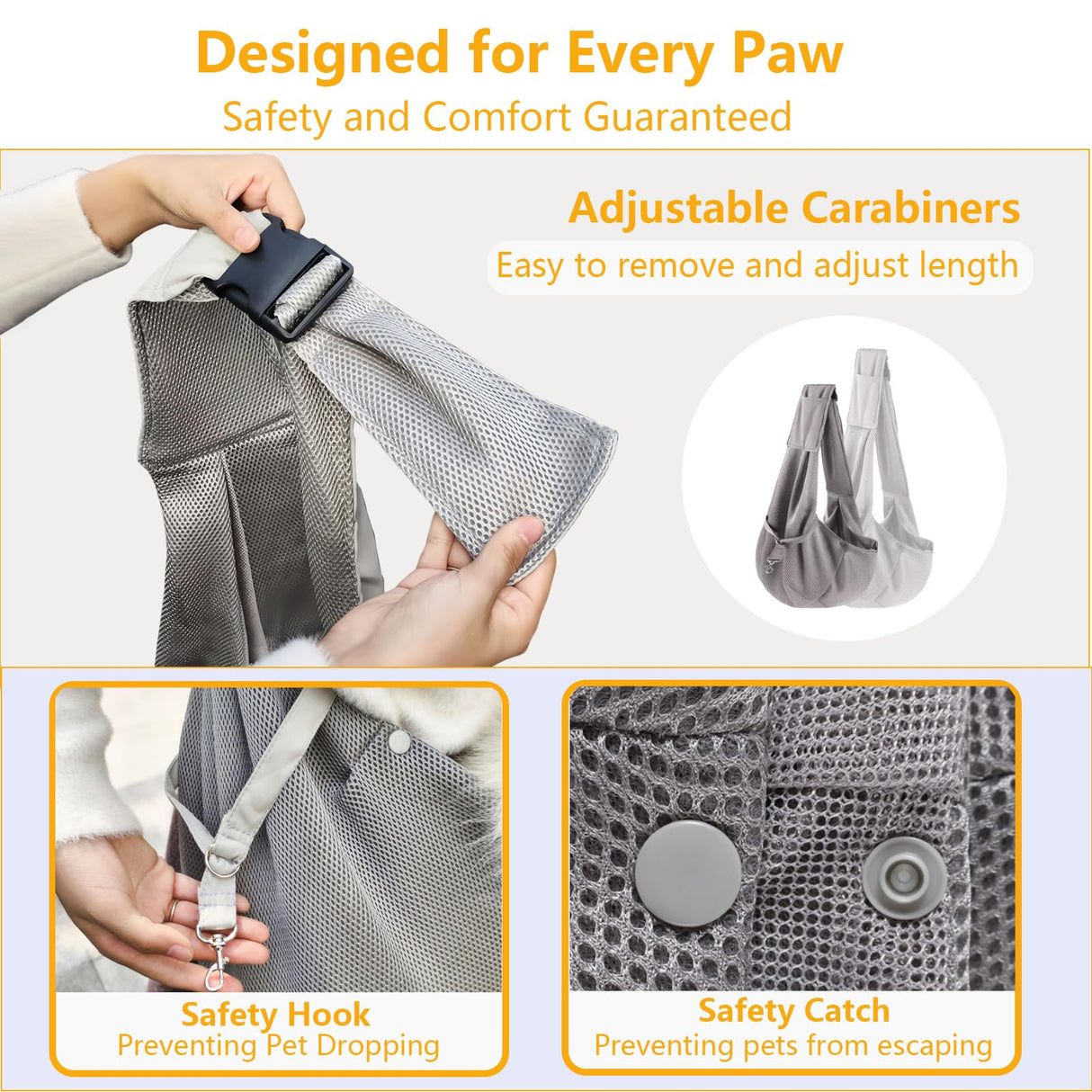 CYUmail Small Dog Sling,Triple-Layer Breathable Mesh Dog Slings for Small Dogs,Suitable for Small Dogs and Cats,with Adjustable Shoulder Strap and Safety Harness,Puppy Essentials,Grey