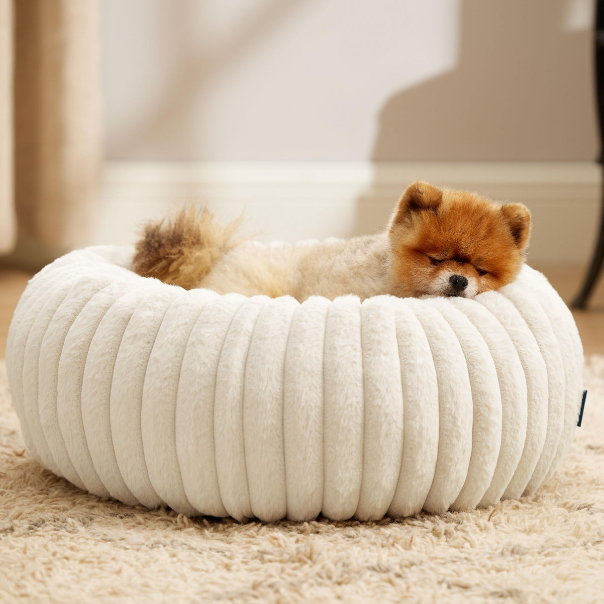 Bedsure ComfyFleece™ Donut Small Dog Bed - Dog Beds for Small Dogs with Corduroy Fleece & Anti Slip Bottom, Round Faux Fur Pet Beds with Washable Removable Cover, Cream, 23x23x7 inches
