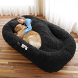 Human Dog Bed, 71''x45''x12'' Size Fits You and Pets, Washable Faux Fur Pet Bed for People Doze Off, Napping Orthopedic Dog Bed, Present Plump Pillow, Blanket, Strap - Black
