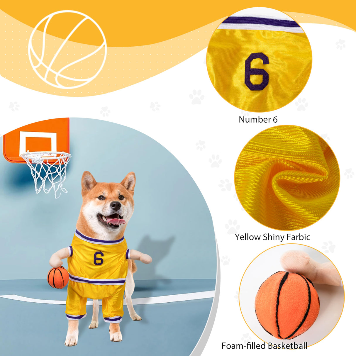 DELIFUR Dog Basketball Player Costume - Pet Halloween Costume Adjustable Funny Dress Up Sports Outfit Cosplay Clothes for Large Cats and Small Dogs (Yellow Basketball, X-Small)