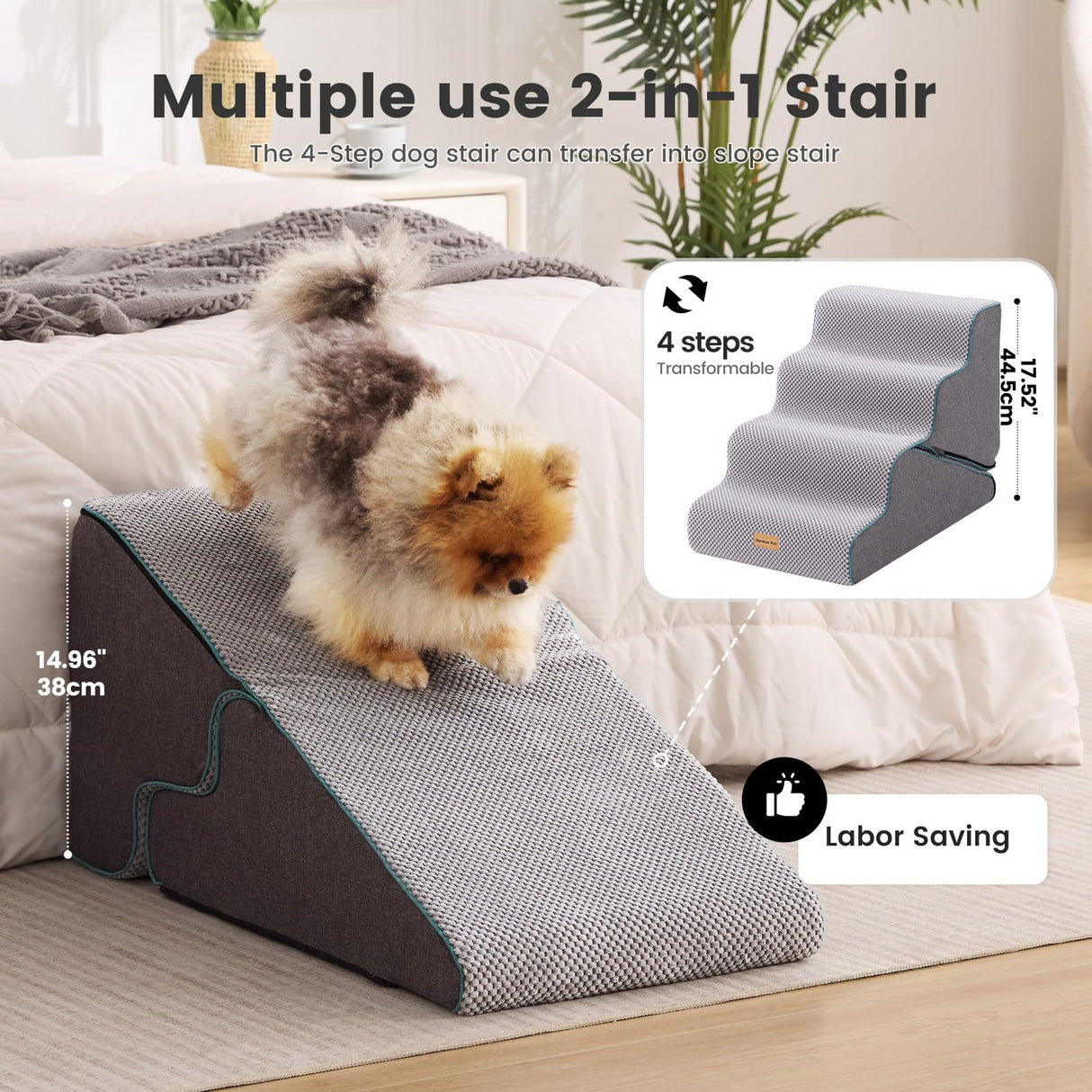 Gardner Pet Dog Stairs for Small Dogs 17.5" H, 2 in 1 Transformable 4-Step Pet Stairs and ramp, Dog Steps for Couch bed (19~22 in) with Durable Non-Slip Waterproof Cover and CertiPUR-US Certified Foam