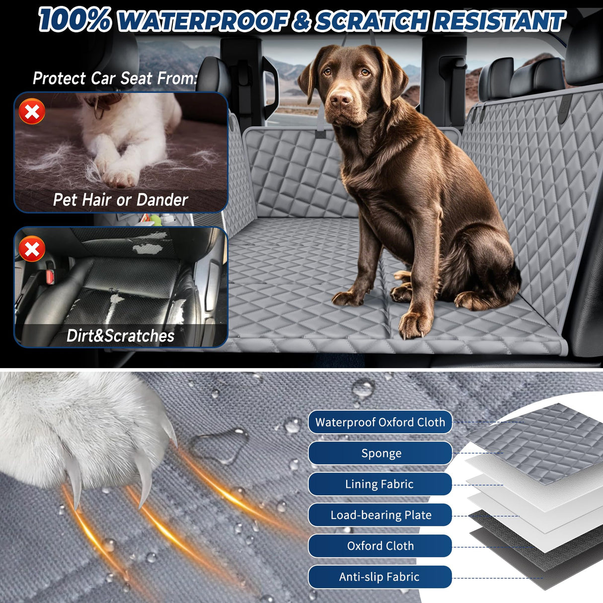 Truck Dog Seat Cover for Back Seat, Machine Wash, 450lb Support for 1-4 Large Dogs, Install in 3Mins, 3Y Assurance, Waterproof & Scratch-Proof, Back Seat Extender for Full Size Crew Cab Truck SUV