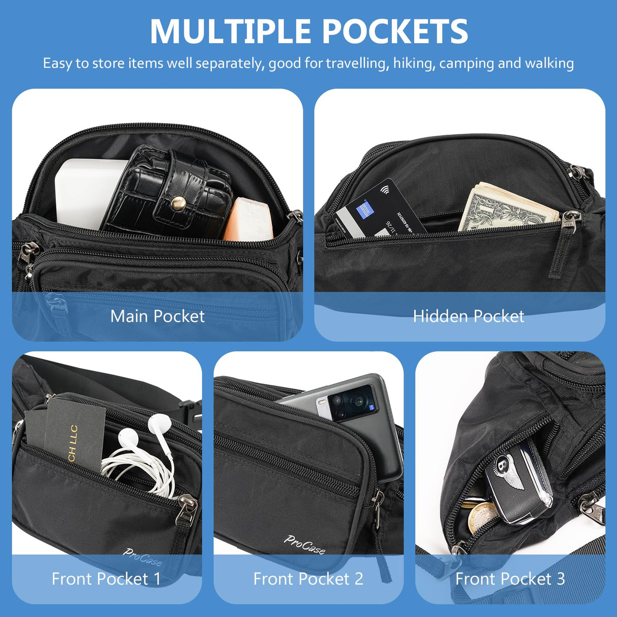 ProCase Fanny Pack Waist Packs for Men Women, Waist Bag Hip Pack for Travel Hiking Running Outdoor Sports -Black, Medium