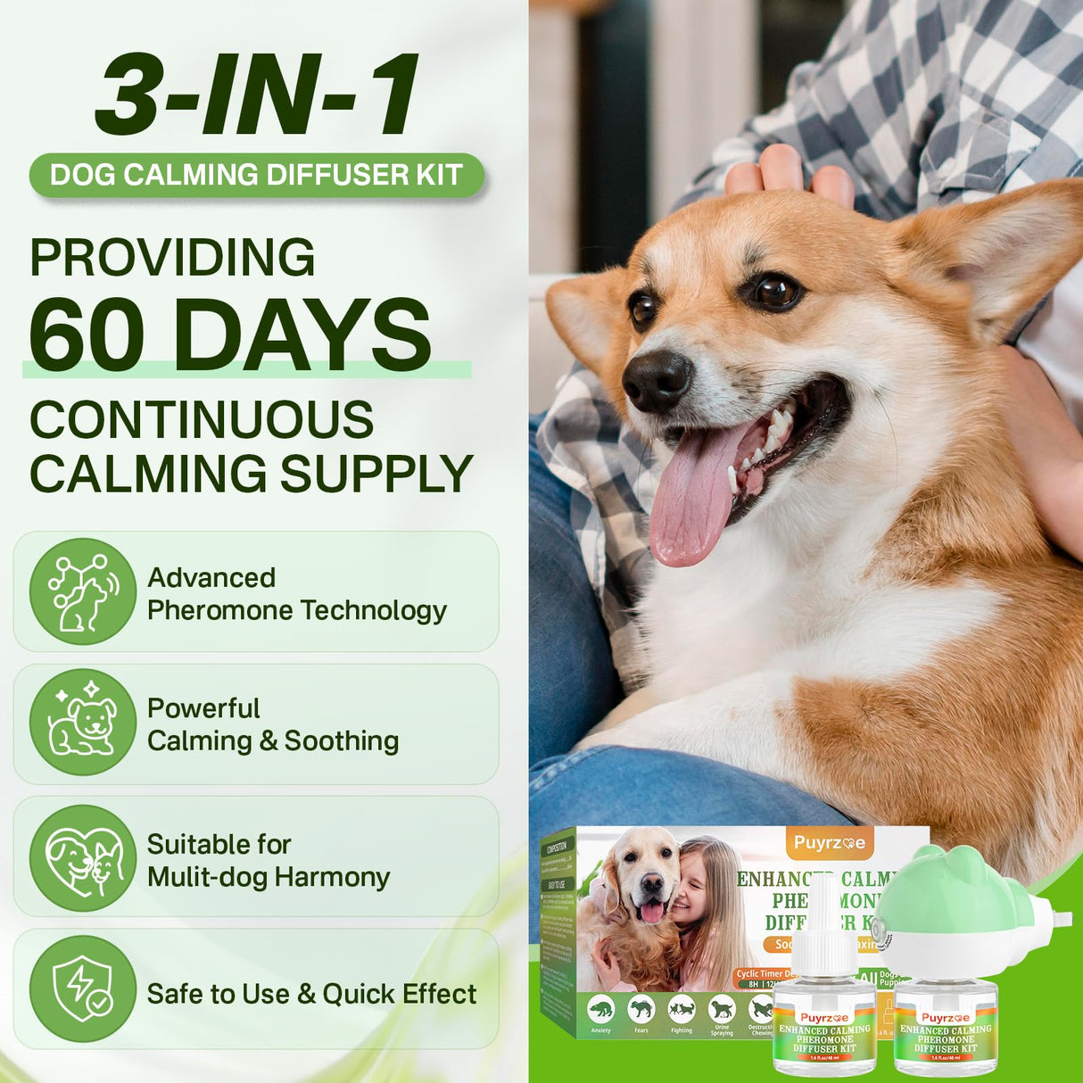 puyrzoe Dog Calming Diffuser with Timing Functions, 3-in-1 Dog Anxiety Relief Diffuser Kit, 120-Day Anxiety Relief, Stress Relaxation Pheromones Calming for All Dogs (1 Diffusers + 2 Refills)