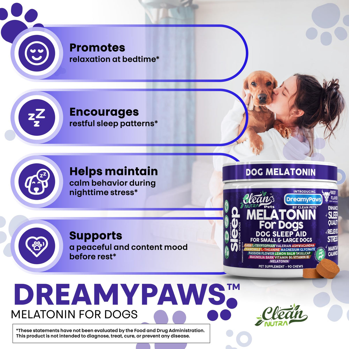 Dreamy Paws Melatonin for Dogs Dog Calming Sleep Supplement - Melatonin GABA Tryptophan Valerian Magnolia Bark Passion Flower Magnesium Ashwagandha Restful Sleep 90 Chews Beef Flavor by Clean Pets