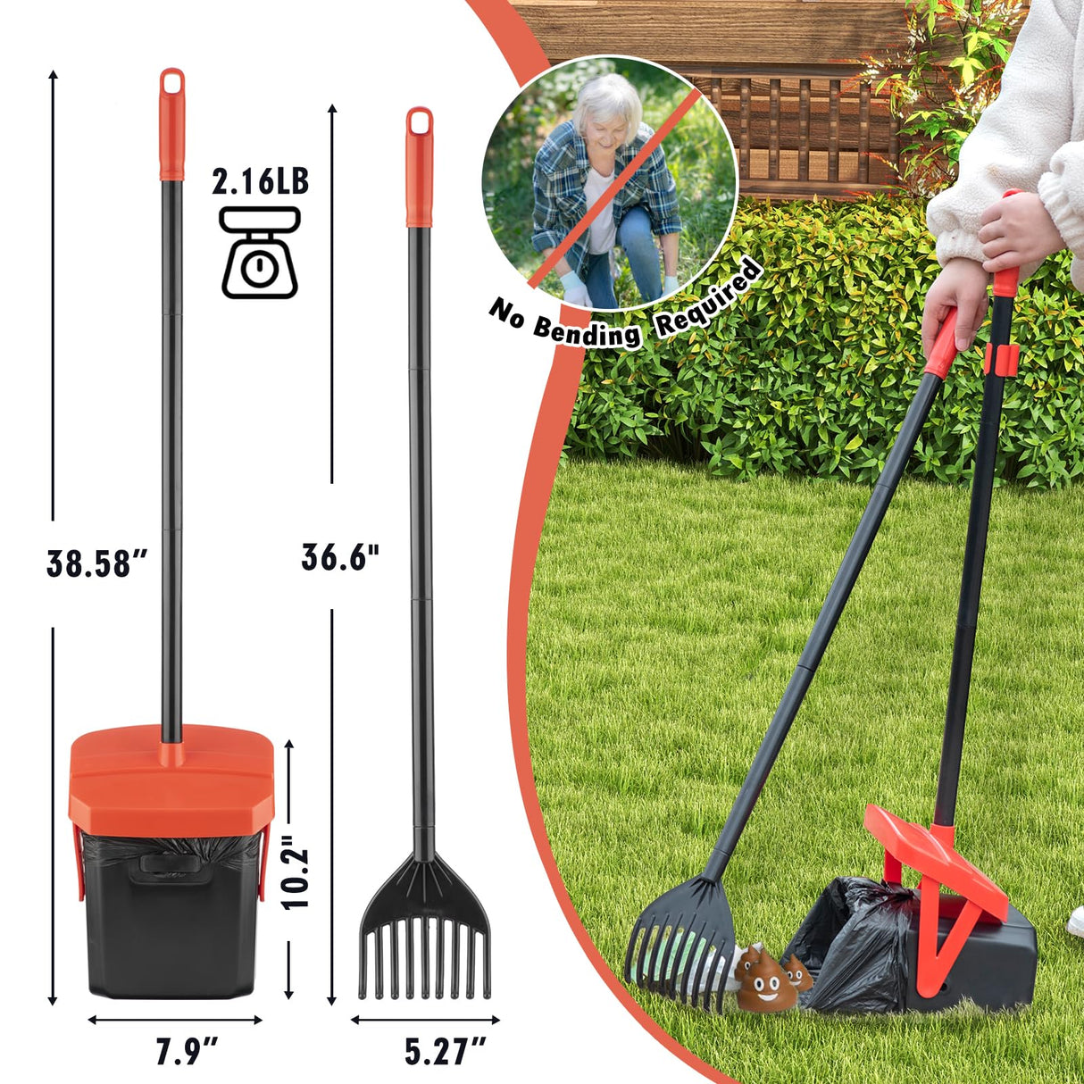 TIMINGILA 36" Pooper Scooper Swivel Bin & Rake with 100 Dog Poop Bags,Adjustable Long Handle for No-Bend Cleanup,Portable Non-Breakable Dog Poop Scooper for Large Medium Small Dogs