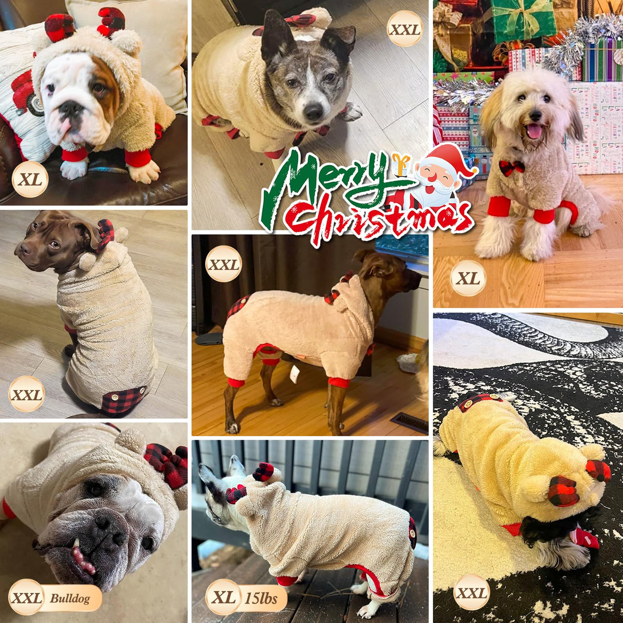 KYEESE Dog Christmas Pajamas with Reindeer Antler Hood, Pet Onesie for Large Dogs, Soft Plush Warm Dog Pjs, Red Buffalo Check Holiday Pet Onesie, Cute Festive Outfit, XXX-Large