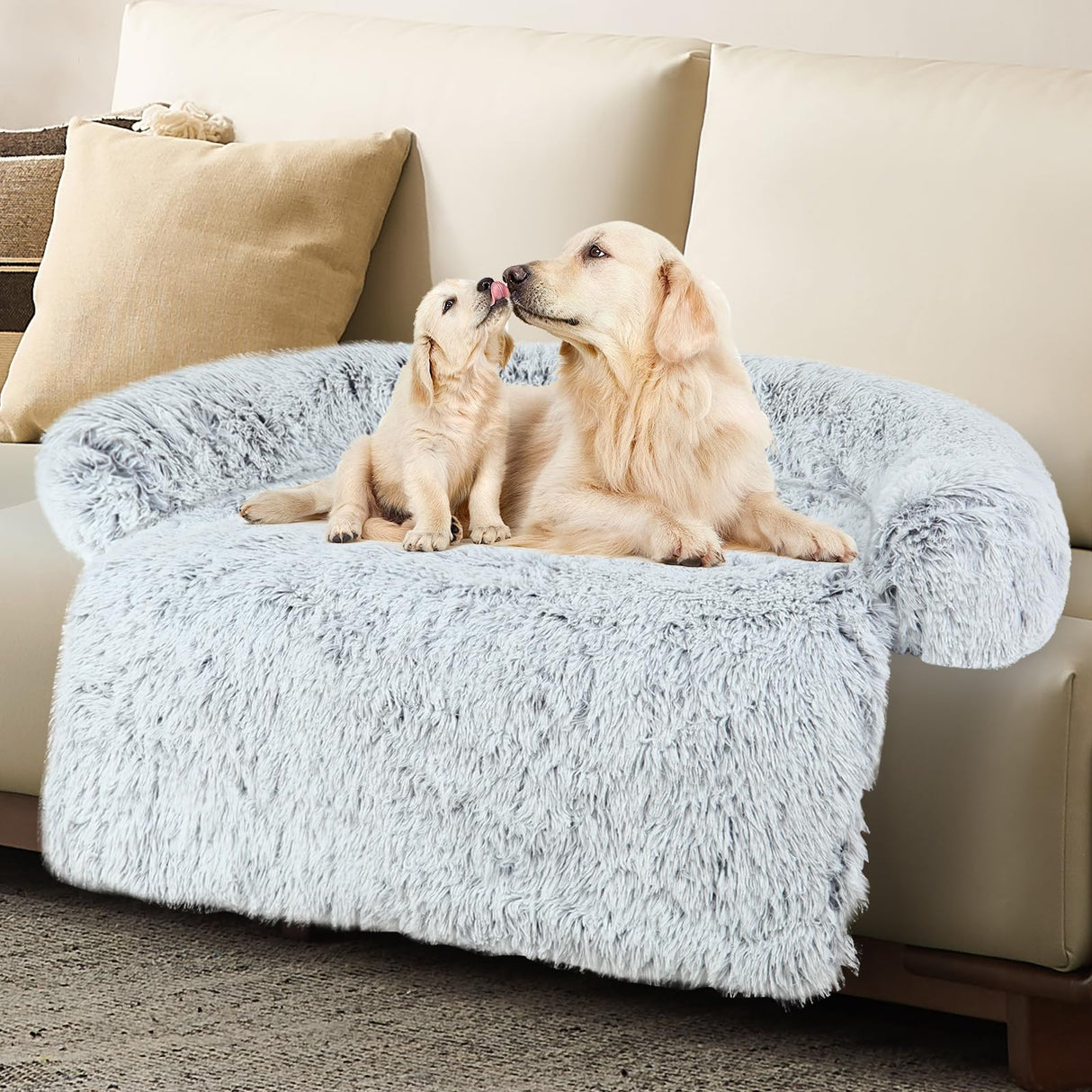 Luxurious Dog Couch Bed Protector for Dogs Memory Foam, Removable Fluffy Plush Pet Couch Cover for Dogs Washable, Calming Dog Sofa Beds, Waterproof Couch Protector, Pet Beds Mats for Couch(L)