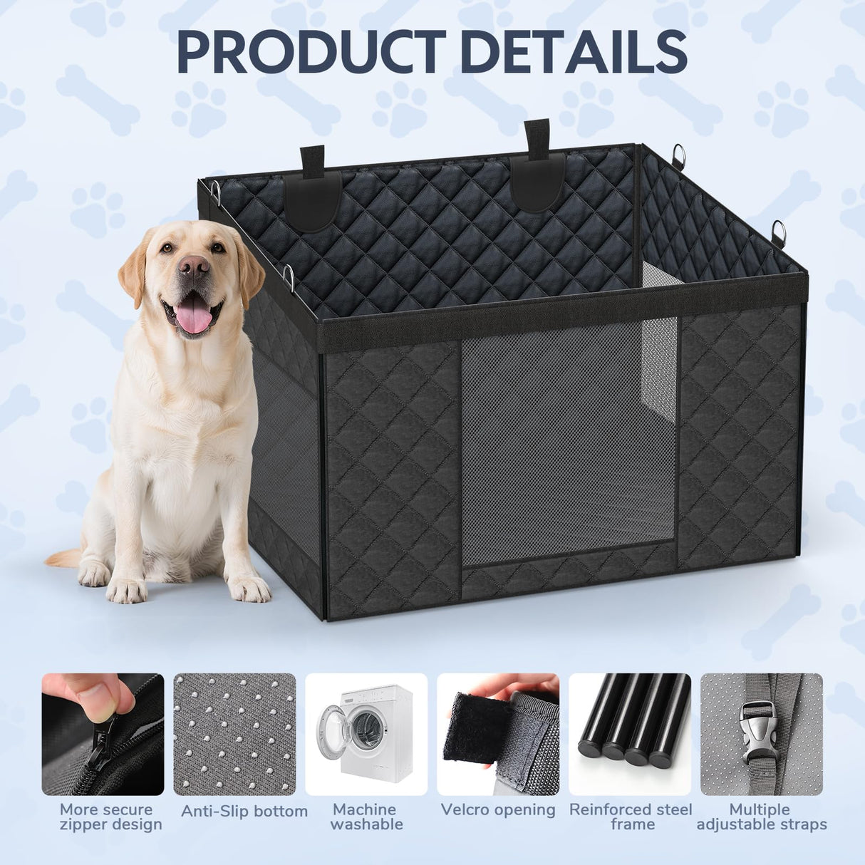 dessports Large PU Dog Car Seat - Waterproof Dog Back Seat Cover with 3 Mesh Windows - Hard Bottom Extender, Safety Belt, Non-Slip Hammock for SUV, Truck, Car